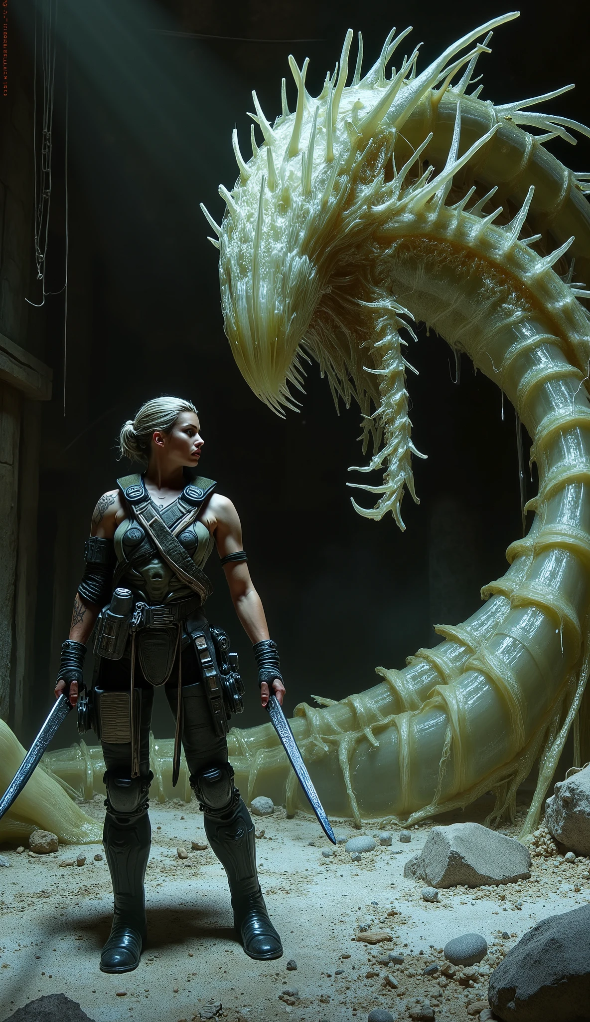 Future woman soldier with blades fights against An eerie alien creature with a serpentine, translucent body revealing strange, shifting internal organs. Its elongated head has needle-like teeth and a jaw that splits unnaturally wide, accompanied by faint, spine-chilling whispers in the air around it. The woman soldier is facing the alien