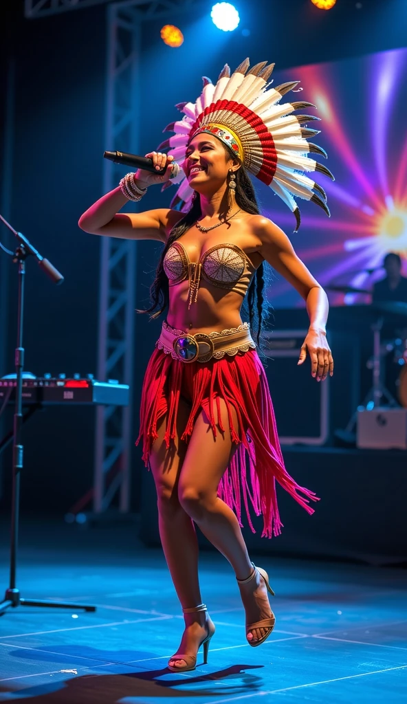 Beautiful Cherokee Indian woman with beautiful terracotta colored headdresses, blackw, doradas, cobre, Pearl, white and beige, feathers made of bright neon of various colors, flares on camera, bokeh, full moon night