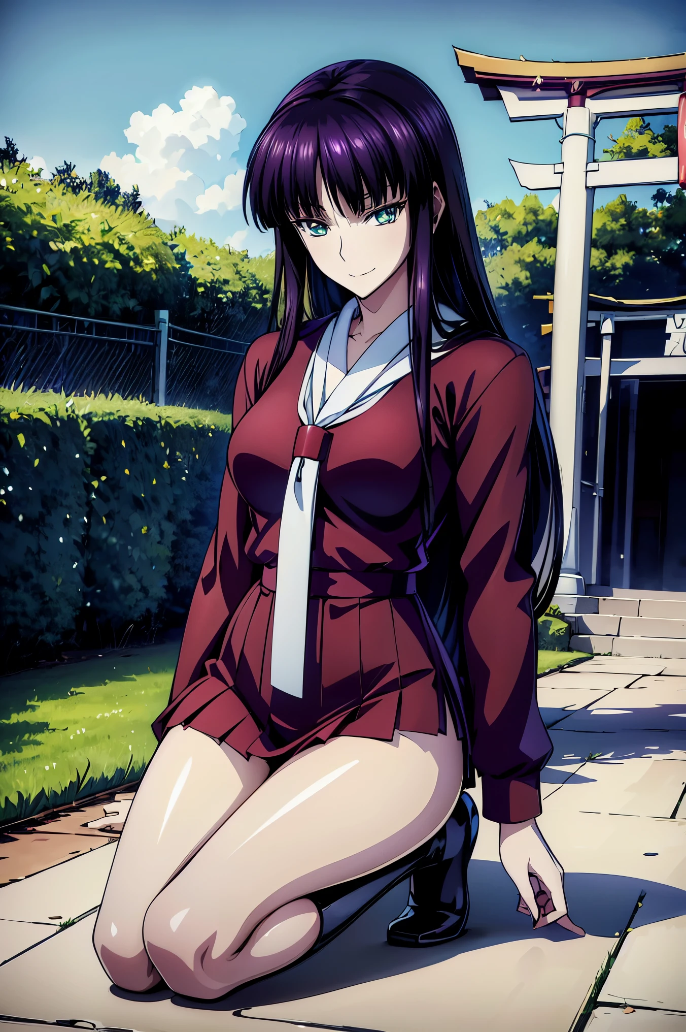 赤 purple hair, green eyes, eyes like jewels,((Priest))),(((shrine))),((( torii gate ))),(((Priest服))),Vermilion also ,Priest服を着た女の子,Connect UHD and 8k, 長い赤紫髪と green eyesをした anime girl , anime moe art style , 若い anime girl の接写, smooth anime cg art ,美しい アニメ high school students, anime moe art style , super real high school girl , Seductive Anime Girl , anime girl , 魅力的な anime girl , super real high school girl , Anime Girl , 8k uhd, high resolution, highly detailed CG , high quality shadows, Detail A beautiful delicate face in a black leather costume , Detail beautiful Delicat eyes,break(Ultra High Definition 8K Wallpaper ),(Highly detailed CG 8k wallpaper),Makima ( chainsaw man), skasaha (destiny/ Grand Order Required ),Reika Shimodaira , nothing , fluttering background {x} extremely delicate and beautiful CG illustration,最 high quality, Realistic Feeling ,Realistic Fabric, realistic texture,(((masterpiece))), (((最 high quality))),8k,32K,masterpiece, beautiful attractive anime woman , ultra definition , more details, high resolution, super real high school girl ,Masseter muscle area, 最 high quality, high quality, High Definition , high qualityなテクスチャ, high qualityシャドウ, high details, Finely Details,1 personの少女, high school students,Alone,I,Just One, alone,1 person, mature vibe ,Beautiful long legs, beautiful breasts, beautiful thighs, Tight Legs ,The beauty of the footstool, big breasts、 Slim waist,Mature body girl,赤 purple hair,赤 purple hair, purple hair,Blackcurrant colored hair,Silky smooth hair, colorful hair, Straight Hair ,smile,Happy Smiling , lively expressions,かわいいsmile,Cool Beauty, beautiful woman, pretty face, Beautiful realism, seductive look , Bewitching looks ,Quiet look, beautiful hair,smile, colorful eyes, green eyes,Jade green eyes, beautiful eyes, bright eyes,Delicat eyes, Jewel Eyes ,Jade Eyes, droopy eyes ,((( green eyes:1.5))), enchanting face ,8 heads, statue :171cm,彼女は首に necklace身に着けています, necklace, ビーズ necklace ,Magatama Accessories,smile, enchanting face ,Model Photo, high details, 【Contemporary, Romanticism, realism, Hyper- realism, cinematic lighting that grabs his body, ray tracing, Fuji Color, ((( Cowboy Shots))), 8k, more details, accurate, 最 high quality, , more details, standing, wearing clothes ,Winter Sky,blue sky, Witch Uniform, kimono, kimono, socks,Hakama