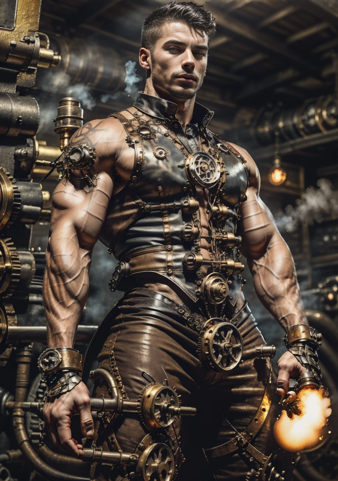 ((Masterpiece, High Quality)), Best Quality, highly detailed , ultrarealistic , cinematic ,realistic , photorealistic realistic eyes, intricate details, detailed background, depth of field, dynamic pose, dynamic angle ,male focus ,muscled man (1.0) ,handsome (detailed face) ,Young Arafed muscular chiseled very handsome man , (( steam4rmor,A muscular bodybuilder (1.0), veins on his arms , attractive tattooed man dressed in a detailed steampunk vest not covering his chest and abs(1.0), showing his muscled body with tattoos(1.0) ,The outfit includes leather straps, brass gears , a vest, and metallic accents. The man has a confident and alluring pose, with a mysterious expression. The background features an industrial steampunk setting with steam pipes, machinery, and a warm, vintage dark atmosphere , highly detailed, , detail face, tool enhancer ,slider 1.0)), realistic, masterpiece, intricate details, detailed background, depth of field, photo of a man ,looking like courage , ((light bokeh)) , highlighting the strong muscle lines , symbol of strength. Perspective and perspective: shooting from a low angle , highlighting the height and majesty of men. Or use a side perspective to show the posture and tattoo of a men.
