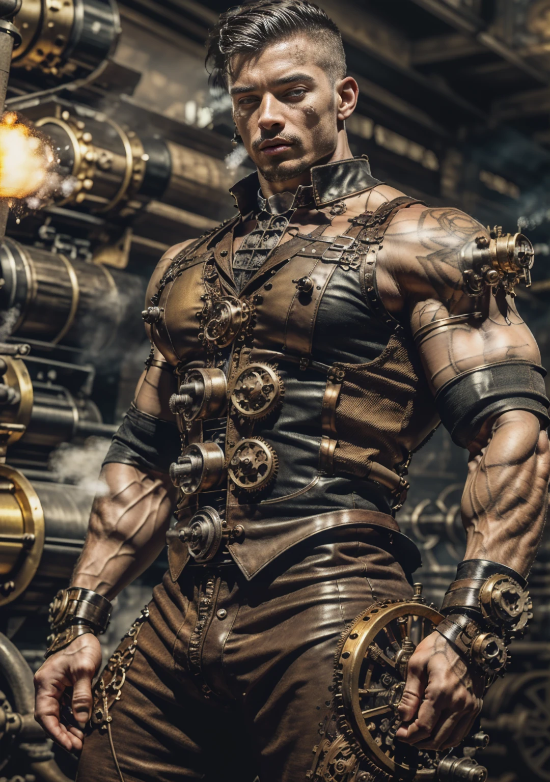 ((Masterpiece, High Quality)), Best Quality, highly detailed , ultrarealistic , cinematic ,realistic , photorealistic realistic eyes, intricate details, detailed background, depth of field, dynamic pose, dynamic angle ,male focus ,muscled man (1.0) ,handsome (detailed face) ,Young Arafed muscular chiseled very handsome man , (( steam4rmor,A muscular bodybuilder (1.0), veins on his arms , attractive tattooed man dressed in a detailed steampunk vest not covering his chest and abs(1.0), showing his muscled body with tattoos(1.0) ,The outfit includes leather straps, brass gears , a vest, and metallic accents. The man has a confident and alluring pose, with a mysterious expression. The background features an industrial steampunk setting with steam pipes, machinery, and a warm, vintage dark atmosphere , highly detailed, , detail face, tool enhancer ,slider 1.0)), realistic, masterpiece, intricate details, detailed background, depth of field, photo of a man ,looking like courage , ((light bokeh)) , highlighting the strong muscle lines , symbol of strength. Perspective and perspective: shooting from a low angle , highlighting the height and majesty of men. Or use a side perspective to show the posture and tattoo of a men.