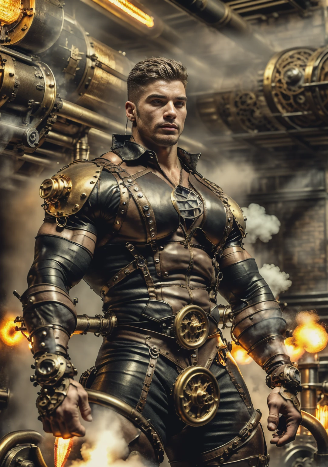 ((Masterpiece, High Quality)), Best Quality, highly detailed , ultrarealistic , cinematic ,realistic , photorealistic realistic eyes, intricate details, detailed background, depth of field, dynamic pose, dynamic angle ,male focus ,muscled man (1.0) ,handsome (detailed face) ,Young Arafed muscular chiseled very handsome man , (( steam4rmor,A muscular bodybuilder (1.0), veins on his arms , attractive tattooed man dressed in a detailed steampunk vest not covering his chest and abs(1.0), showing his muscled body with tattoos(1.0) ,The outfit includes leather straps, brass gears , a vest, and metallic accents. The man has a confident and alluring pose, with a mysterious expression. The background features an industrial steampunk setting with steam pipes, machinery, and a warm, vintage dark atmosphere , highly detailed, , detail face, tool enhancer ,slider 1.0)), realistic, masterpiece, intricate details, detailed background, depth of field, photo of a man ,looking like courage , ((light bokeh)) , highlighting the strong muscle lines , symbol of strength. Perspective and perspective: shooting from a low angle , highlighting the height and majesty of men. Or use a side perspective to show the posture and tattoo of a men.