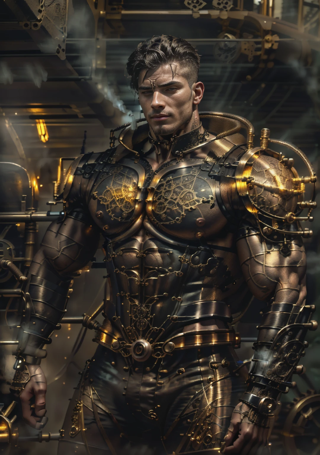 ((Masterpiece, High Quality)), Best Quality, highly detailed , ultrarealistic , cinematic ,realistic , photorealistic realistic eyes, intricate details, detailed background, depth of field, dynamic pose, dynamic angle ,male focus ,muscled man (1.0) ,handsome (detailed face) ,Young Arafed muscular chiseled very handsome man , (( steam4rmor,A muscular bodybuilder (1.0), veins on his arms , attractive tattooed man dressed in a detailed steampunk vest not covering his chest and abs(1.0), showing his muscled body with tattoos(1.0) ,The outfit includes leather straps, brass gears , a vest, and metallic accents. The man has a confident and alluring pose, with a mysterious expression. The background features an industrial steampunk setting with steam pipes, machinery, and a warm, vintage dark atmosphere , highly detailed, , detail face, tool enhancer ,slider 1.0)), realistic, masterpiece, intricate details, detailed background, depth of field, photo of a man ,looking like courage , ((light bokeh)) , highlighting the strong muscle lines , symbol of strength. Perspective and perspective: shooting from a low angle , highlighting the height and majesty of men. Or use a side perspective to show the posture and tattoo of a men.