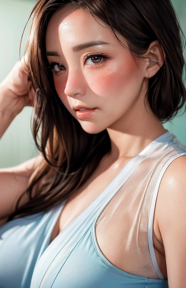 realisitic, 1girl, light hair , greeneyes, glare eyes, top cropped, overskirt, half-open lips, blush, luz seios medio, bunda grande. Biquíni fininho, hentai sexy.