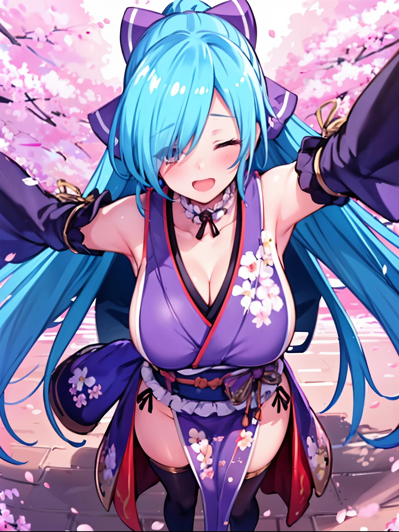 masterpiece, best quality, (1girl, solo),
yamato iori, ung__girl, virtual youtuber, solo, gloves, bow, hair bow, long hair, hair over one eye, thighhighs, blue hair, fingerless gloves, closed_eyes, japanese clothes, full body, detached sleeves, ponytail, looking at viewer, black gloves, very long hair, (heavy&soft_large_breasts:1.4), purple bow, kimono, smile, open mouth, transparent background, standing, sash, obi, purple kimono
blush,cherry blossoms,
( outdoors, forest, upper body, dynamic pose, looking at viewer, ),plump,raise_arms,
