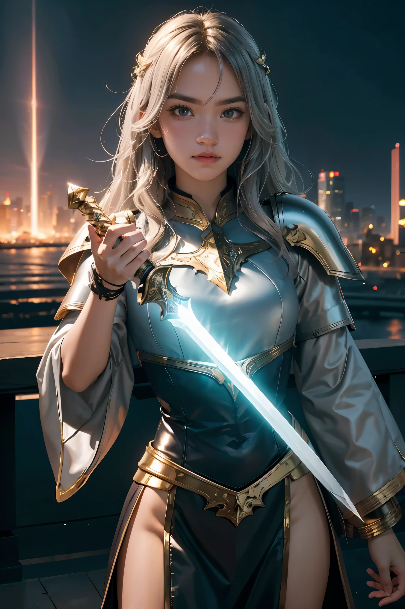 (masterpiece, best quality), A paladin holding a light infused sword, light magic, divine, magewave, silver and gold, 4k, dark cityscape, Fujifilm