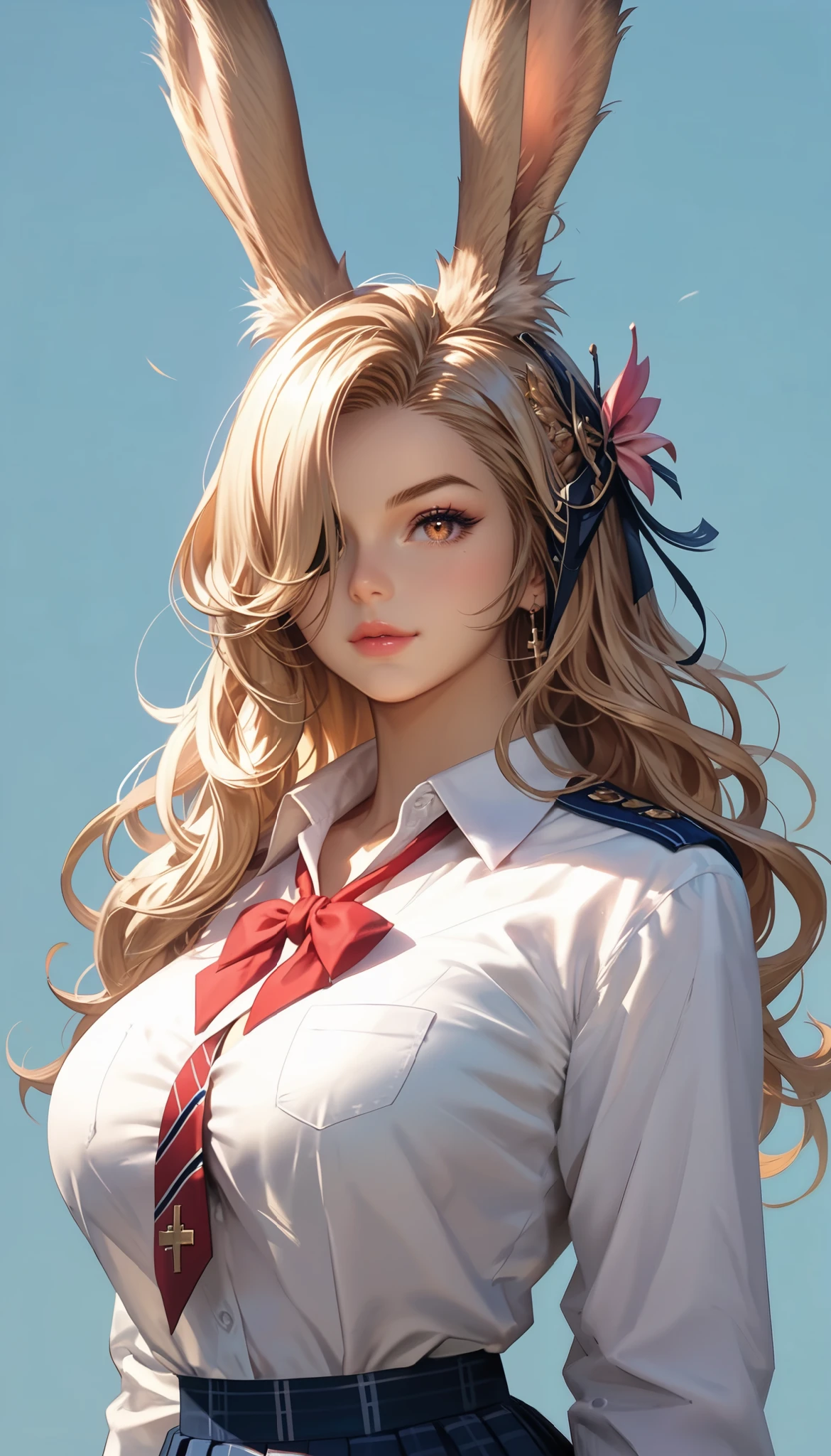 Final Fantasy Style , Takahashi Kazunari's masterpiece, Depiction of a face expressed down to the smallest detail, Detailed Eyes 、Detailed faces、Hair drawn down to the smallest detail 、Solo Female Viera , (( high school girl, is wearing a school uniform)), beautiful , 32K, enchantment, masterpiece, top quality, Schoolyard, simple Background , Concept Art , blond, long hair , (((I can't see my ears because my hair covers them))), (( big breasted with a cross eye, deep cleavage )), sexy long legs, , full body, close up