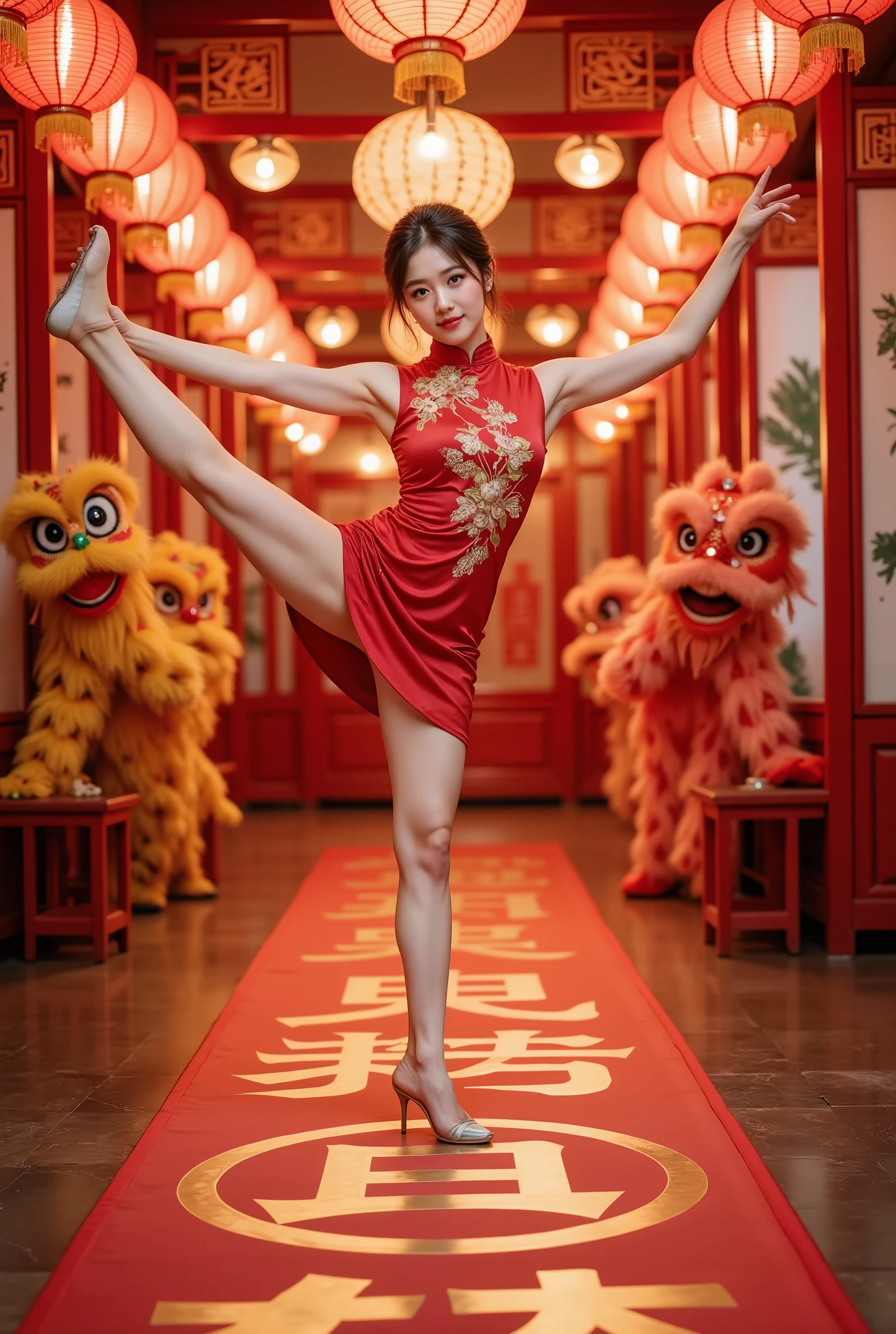 standing split， masterpiece,  high quality ,  Best Quality , Aesthetic ,  masterpiece,  Best Quality ,  Very beautiful , Ridiculous,  very detailed , A beautiful woman wearing a traditional red cheongsam celebrating the new year,  surrounded by bright red Spring Festival couplets .  dragon and lion dances to celebrate the arrival of the new year . There are big red characters written on the floor  " Happy Chinese New Year"