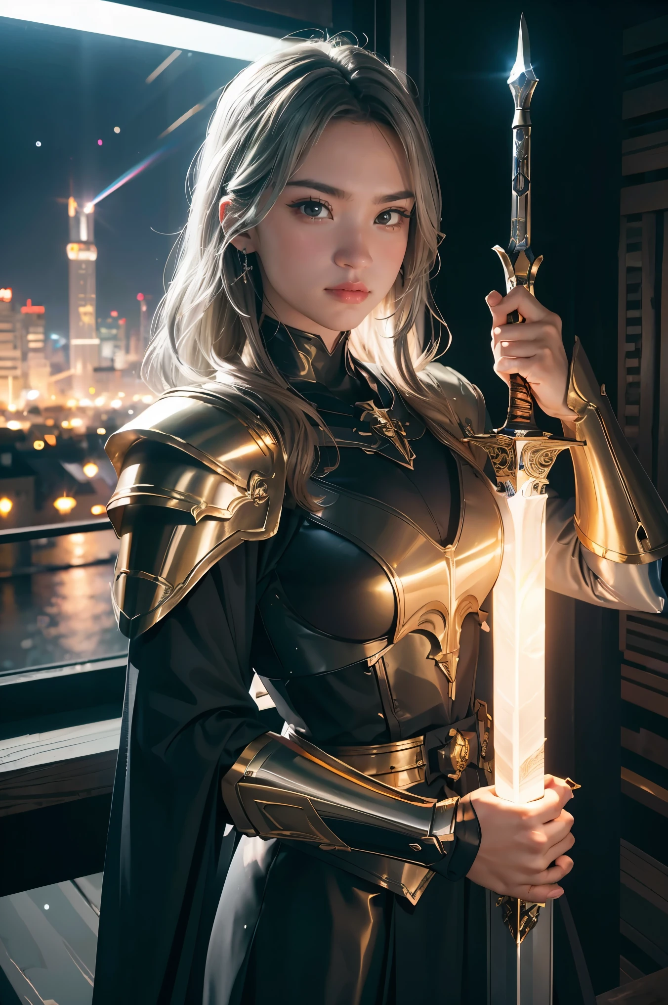 (masterpiece, best quality), A paladin holding a light infused sword, light magic, divine, magewave, silver and gold, 4k, dark cityscape, Fujifilm