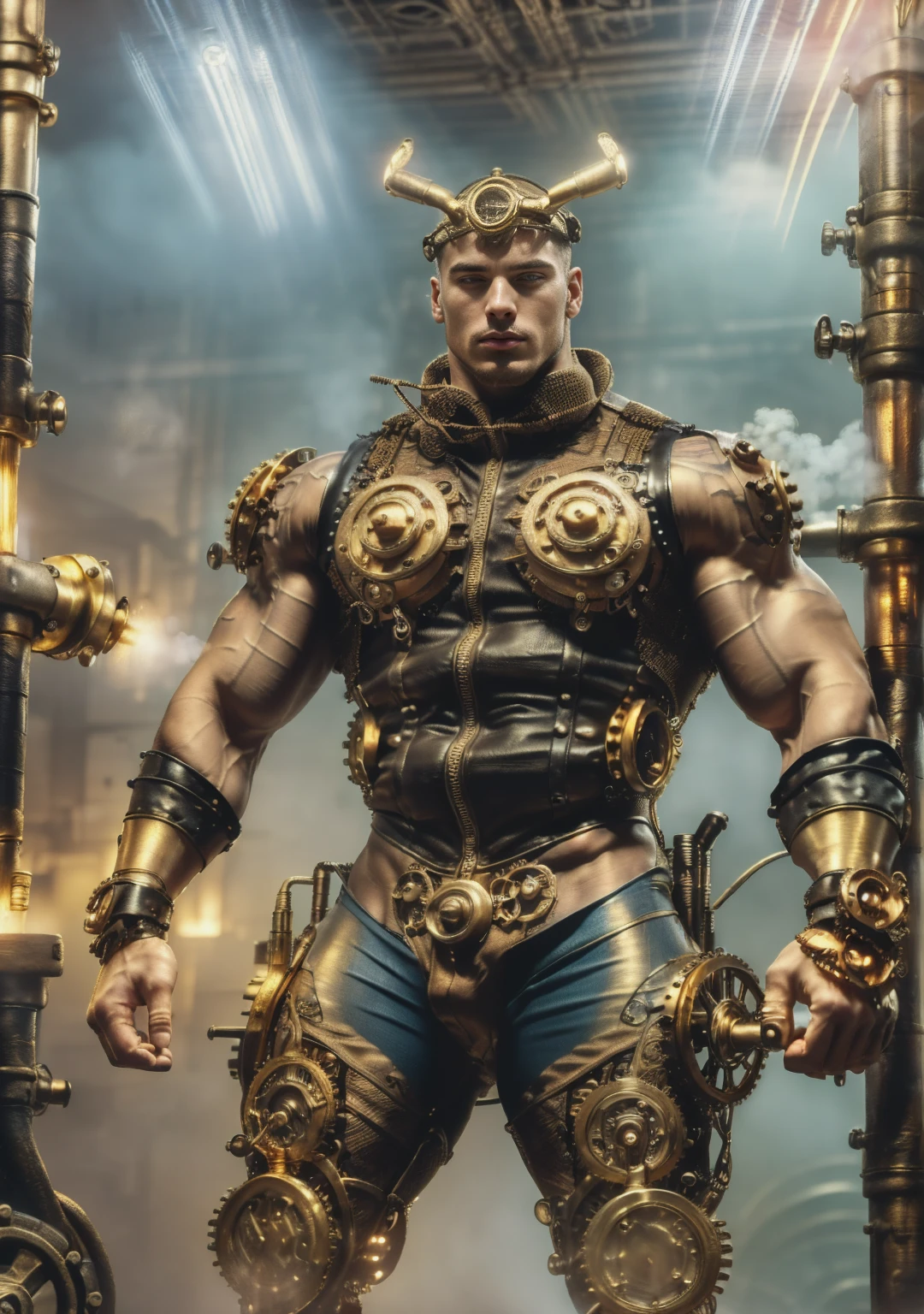 ((Masterpiece, High Quality)), Best Quality, highly detailed , ultrarealistic , cinematic ,realistic , photorealistic realistic eyes, intricate details, detailed background, depth of field, dynamic pose, dynamic angle ,male focus ,muscled man (1.0) ,handsome (detailed face) ,Young Arafed muscular chiseled very handsome man , (( steam4rmor,A muscular bodybuilder (1.0), veins on his arms , attractive tattooed man dressed in a detailed steampunk vest not covering his chest and abs(1.0), showing his muscled body with tattoos(1.0) ,The outfit includes leather straps, brass gears , a vest, and metallic accents. The man has a confident and alluring pose, with a mysterious expression. The background features an industrial steampunk setting with steam pipes, machinery, and a warm, vintage dark atmosphere , highly detailed, , detail face, tool enhancer ,slider 1.0)), realistic, masterpiece, intricate details, detailed background, depth of field, photo of a man ,looking like courage , ((light bokeh)) , highlighting the strong muscle lines , symbol of strength. Perspective and perspective: shooting from a low angle , highlighting the height and majesty of men. Or use a side perspective to show the posture and tattoo of a men.
