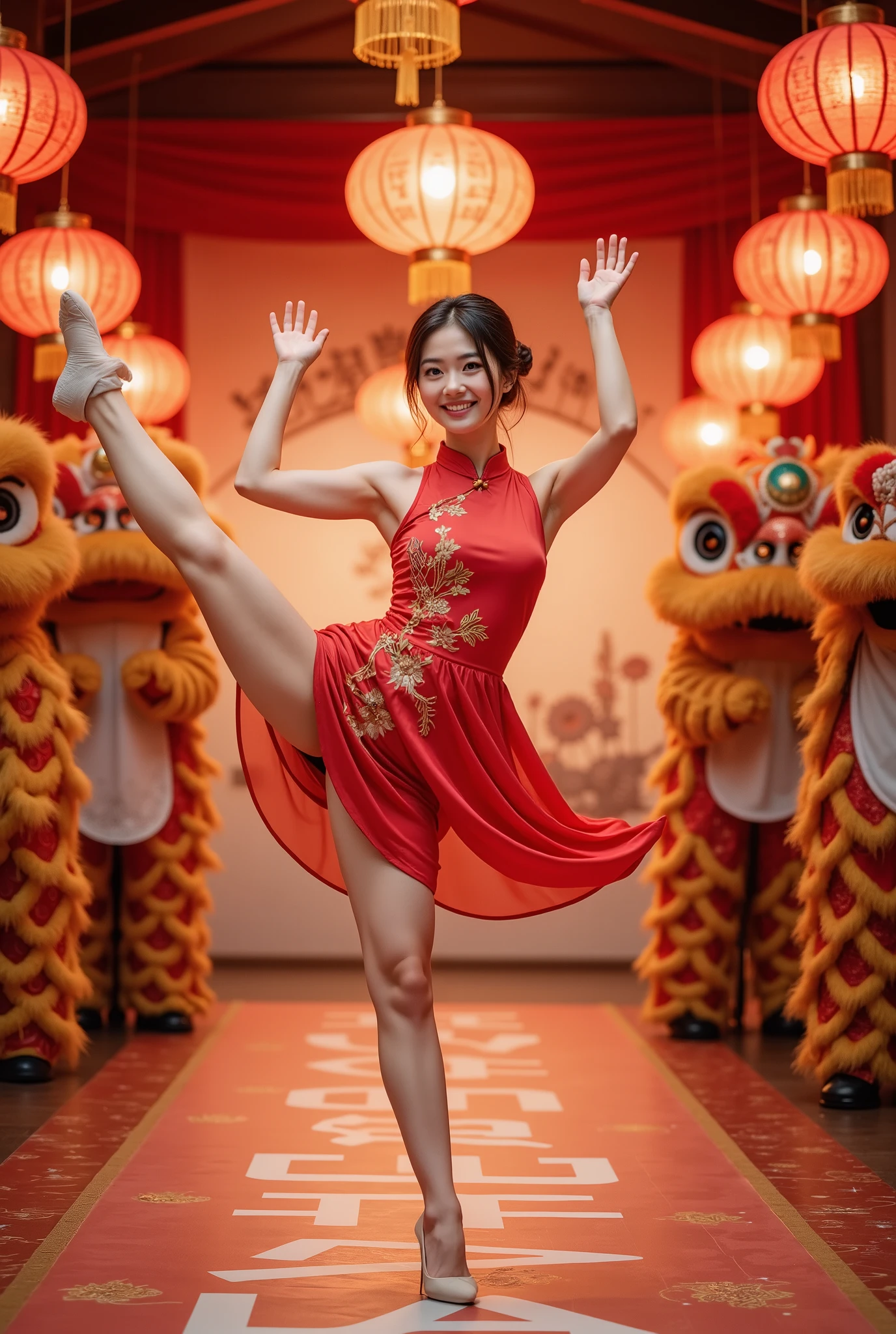 standing split， masterpiece,  high quality ,  Best Quality , Aesthetic ,  masterpiece,  Best Quality ,  Very beautiful , Ridiculous,  very detailed , A beautiful woman wearing a traditional red cheongsam celebrating the new year,  surrounded by bright red Spring Festival couplets .  dragon and lion dances to celebrate the arrival of the new year . There are big red characters written on the floor  " Happy Chinese New Year"