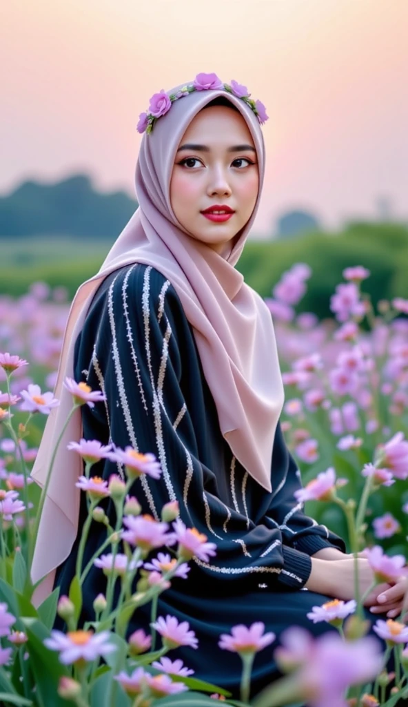 8k, master part, best qualityer, Photoshop, perfect lightning, ultra high-resolution, ultra detaild, Realistic, (Fotorrealisitic:1.4), Depth of field, 1girl , Linhka, candid pose, (8k, foto RAW, best qualityer, Masterpiece artwork:1.2), (realisitic, Fotorrealisitic:1.37),pretty girl, fly away:1.2,colorful landscape with pink sky and many pink flowers, day, profesional lighting, photon maping, radiosity, Physically-based rendering, Double white shoulder sweater, slenderbody, ssmile, indonesian woman with hijab, Facing forward, fully body, Exquisite face, clear eyes, perfectbody,gazing at viewer, necklase, duffel bag, 5-fingered hand,little clothing,sexly, small breast,wide hip