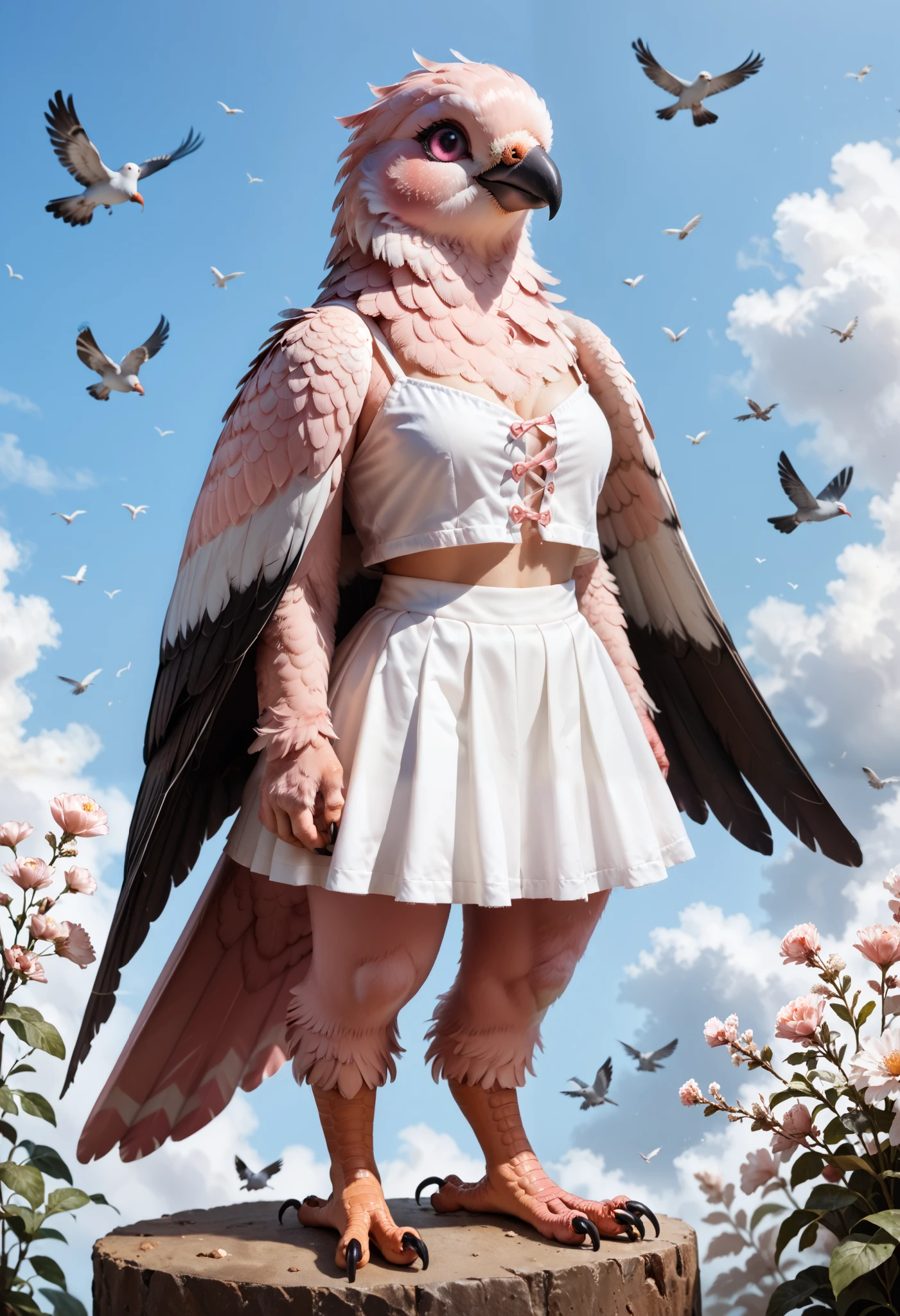 feathers, claws, fluffy woman , feathers on the body , pigeon, wings, пернатые wings, Pink body, pink tail , pink eyes, blush, smile, (white top, white short skirt ), front view, flies in the sky, in full height are standing next to each other, detailed background, detailed, without human skin . only feathers . wings вместо рук, bird legs. without human body