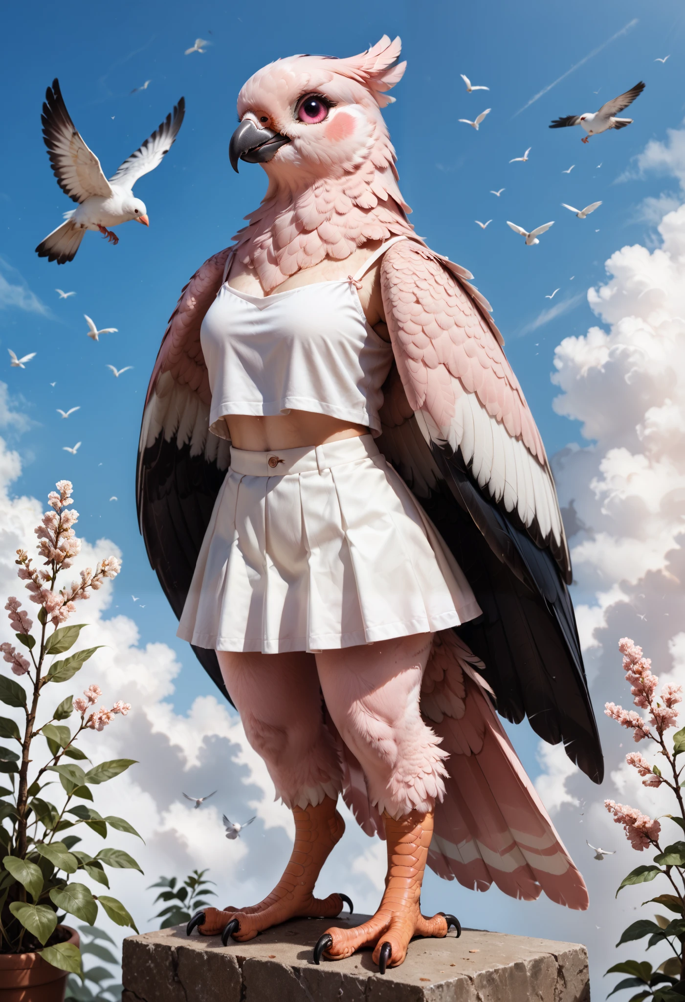 feathers, claws, fluffy woman , feathers on the body , pigeon, wings, пернатые wings, Pink body, pink tail , pink eyes, blush, smile, (white top, white short skirt ), front view, flies in the sky, in full height are standing next to each other, detailed background, detailed, without human skin . only feathers . wings вместо рук, bird legs. without human body