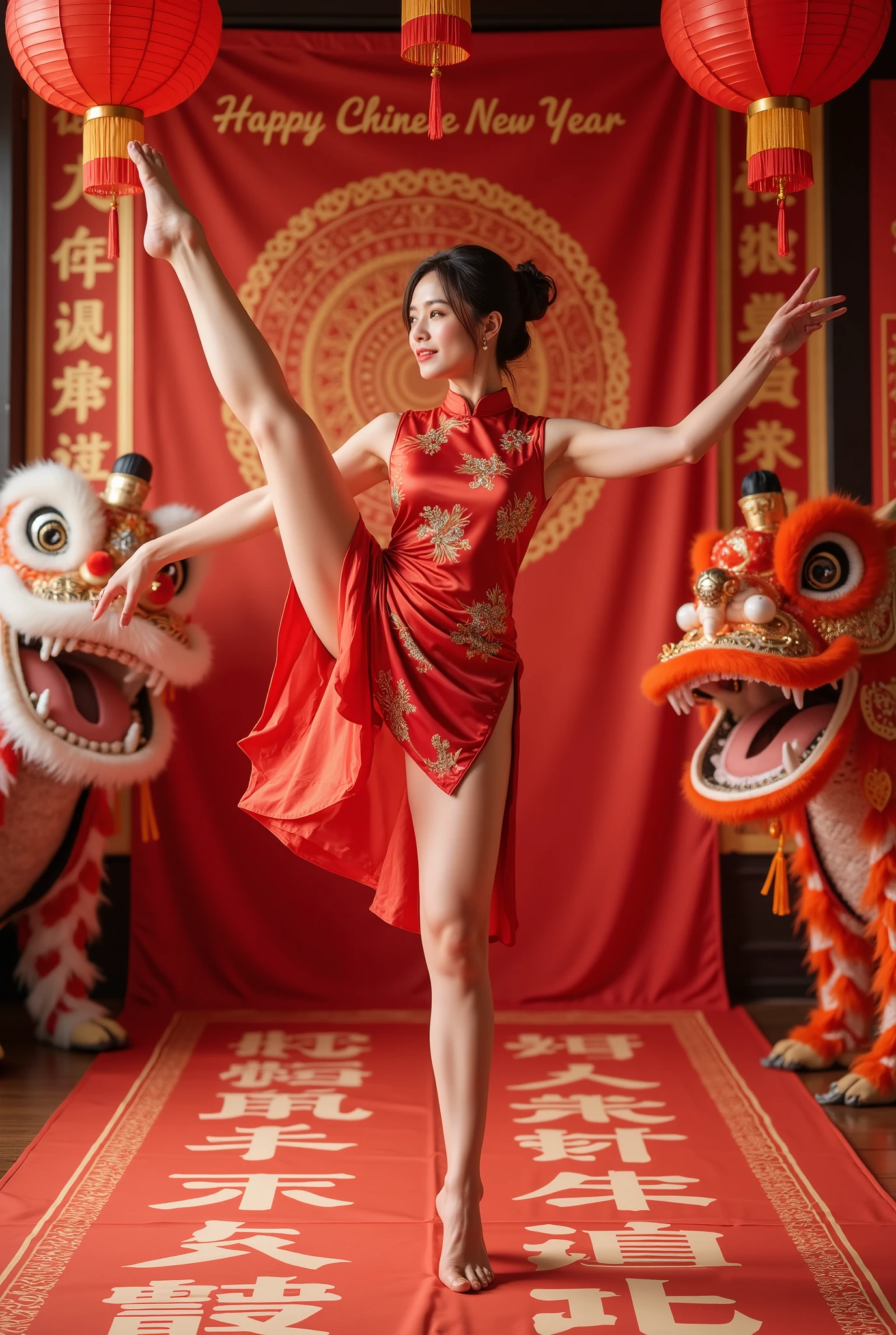 standing split, masterpiece, high quality , Best Quality , Aesthetic , masterpiece, Best Quality , Very beautiful , Ridiculous, very detailed , A beautiful woman wearing a traditional red cheongsam celebrating the new year, surrounded by bright red Spring Festival couplets . dragon and lion dances to celebrate the arrival of the new year . There are big red characters written on the floor " Happy Chinese New Year"