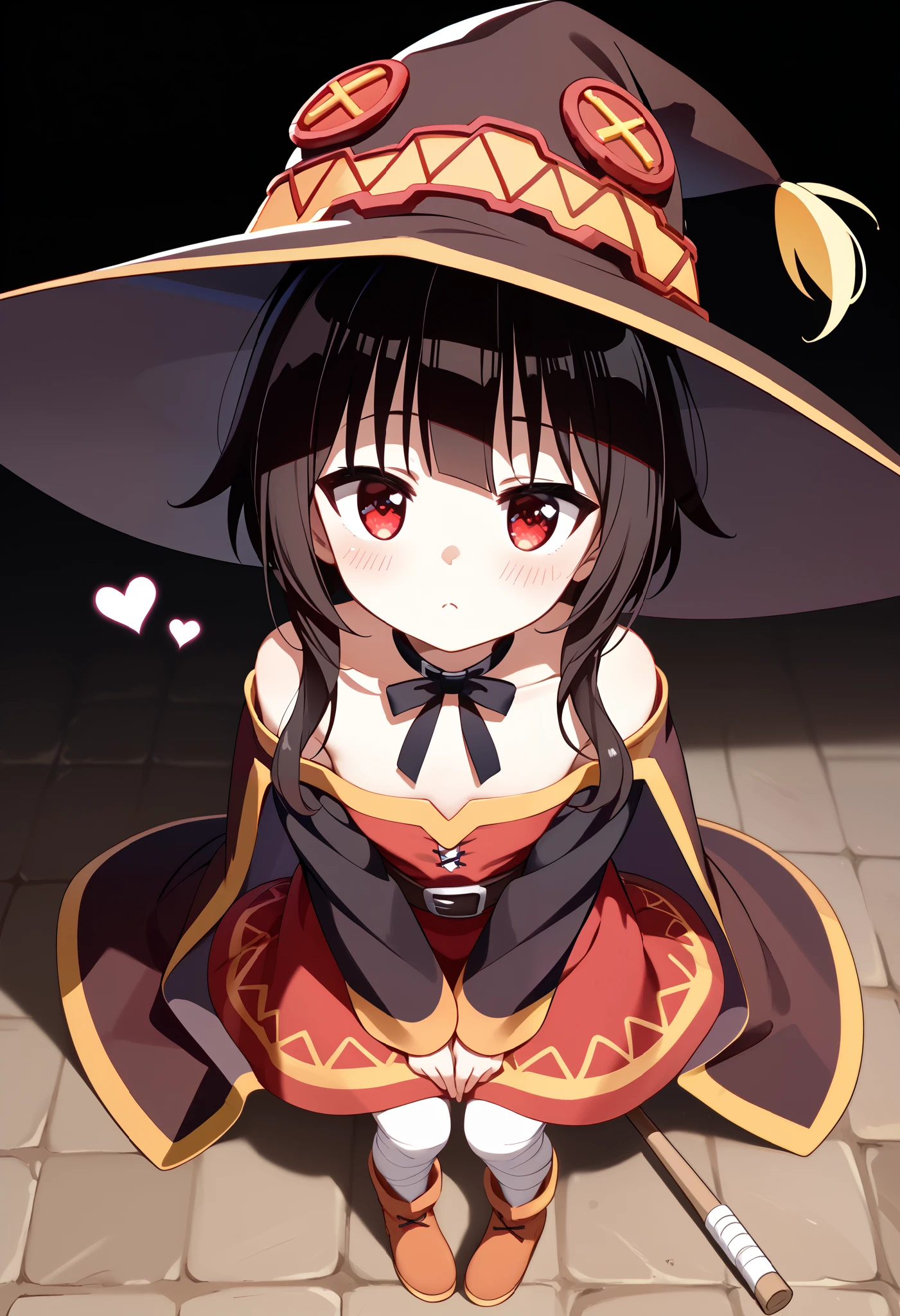 anime girl wearing a witch hat、Megumin、 Flirty anime witch chanting magic 、Konosuba anime style、 anime style 4k、 anime moe art style 、 cute girl anime visual、Black-haired mage、 red eye、Looking up、Viewers view from above 、 beautiful background, ( full of hearts ), full body, hands behind、 stick out your chest