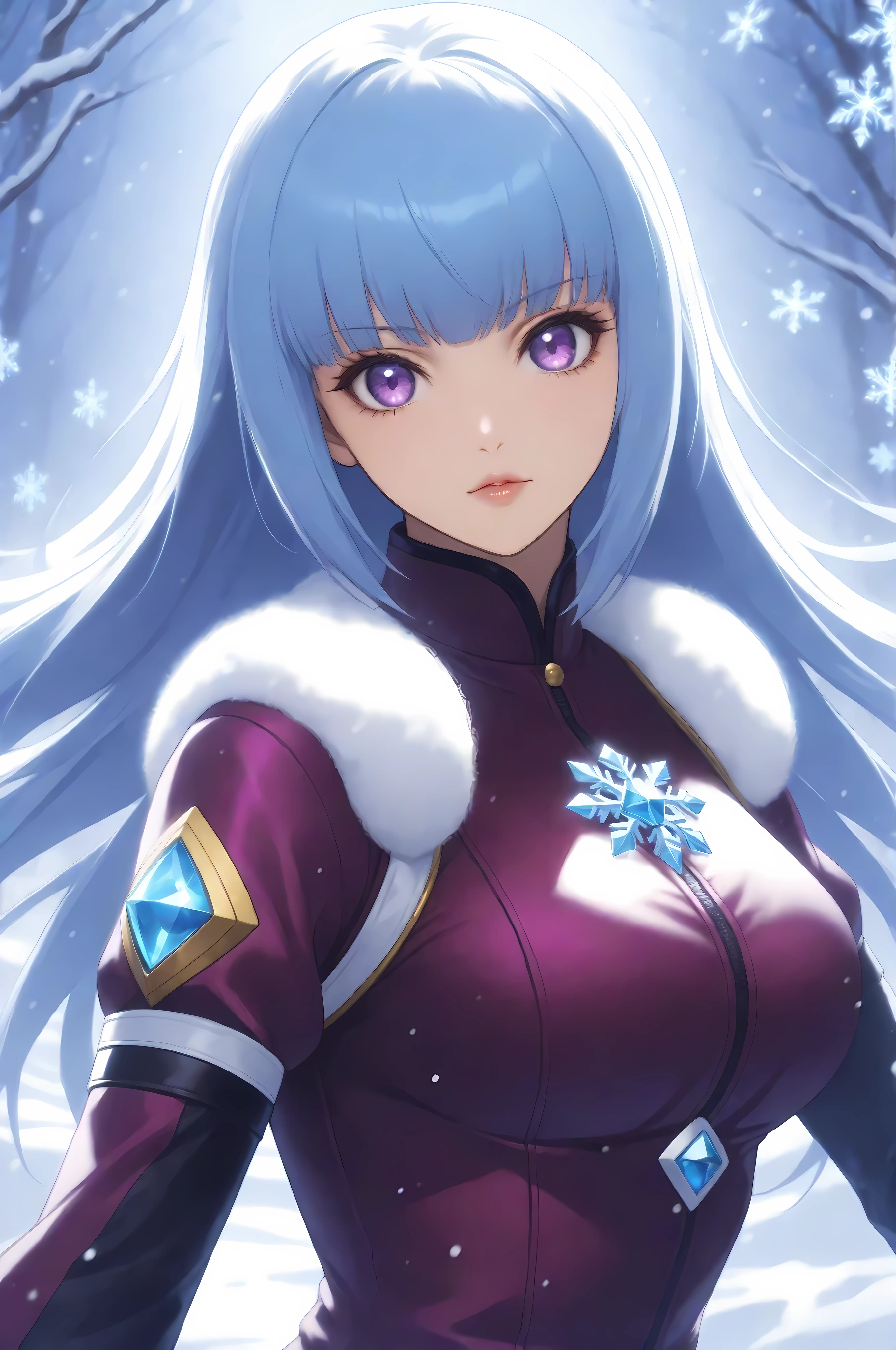 masterpiece, high score, great score, absurdres Kula Diamond \(king of fighters\), blue hair, hime cut, purple eyes, gloves, (1girl), (detailed face:0.8), (detailed eyes:0.8), snowflake, high resolution, 8k wallpaper, Distinct, magical atmosphere, beautiful background, high quality, snowy background