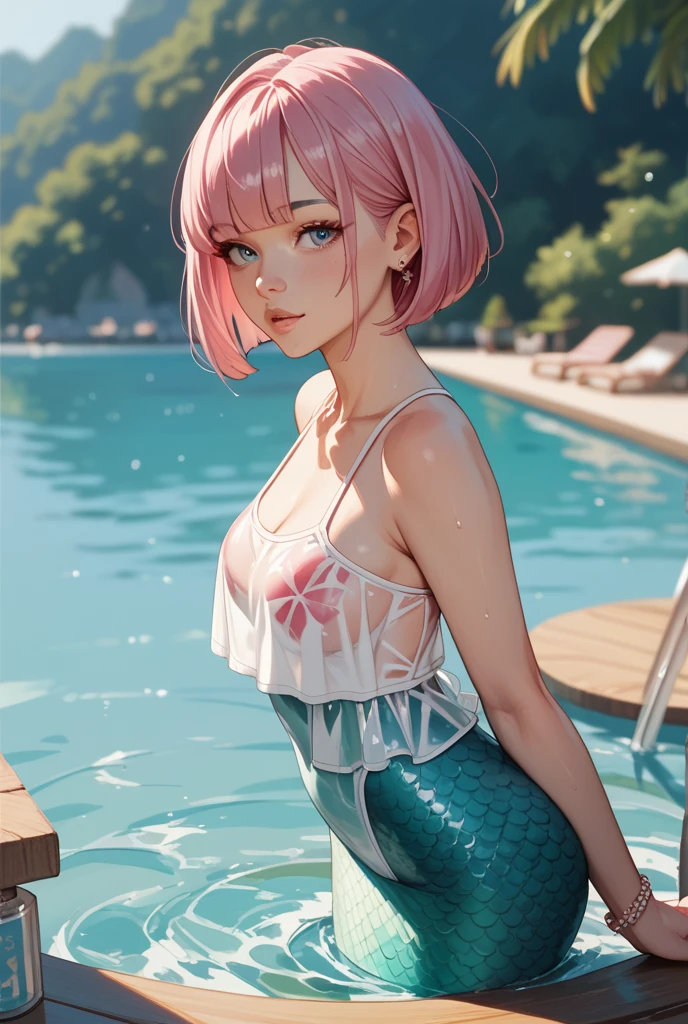 ((absurdres)) ((perfect whole body)), ((ultra photorealistic)), Top quality, ((Photorealistic)), ((16k UHD)), High Definition, Unity 8K wallpaper, high res, ultra sharp, ((masterpiece)), best quality, ((intricate details)), (((detailed eyes))), (((perfect face))) (((detailed face))), masterpiece, highly detailed exquisite character art, melancholy lighting, (((perfectly detailed anatomy))) (((cinematic light))), ultra-realistic, (((asian))) short bob Ombre turquoise hair, translucent legs, dramatic pumps, mature, beautiful, elegant, (((light pink skin))) (((pink skintone))) daughter of a mermaid, tie-dye mesh long sleeve crop top, teal holographic pencil skirt, aquatic, sea shell earrings, starfish necklace, teal lipstick, blue eyeshadow, item, at the ocean,xy pose,detailed face, detailed eyes, detailed hands, elf woman,wet, mil all over her, full body