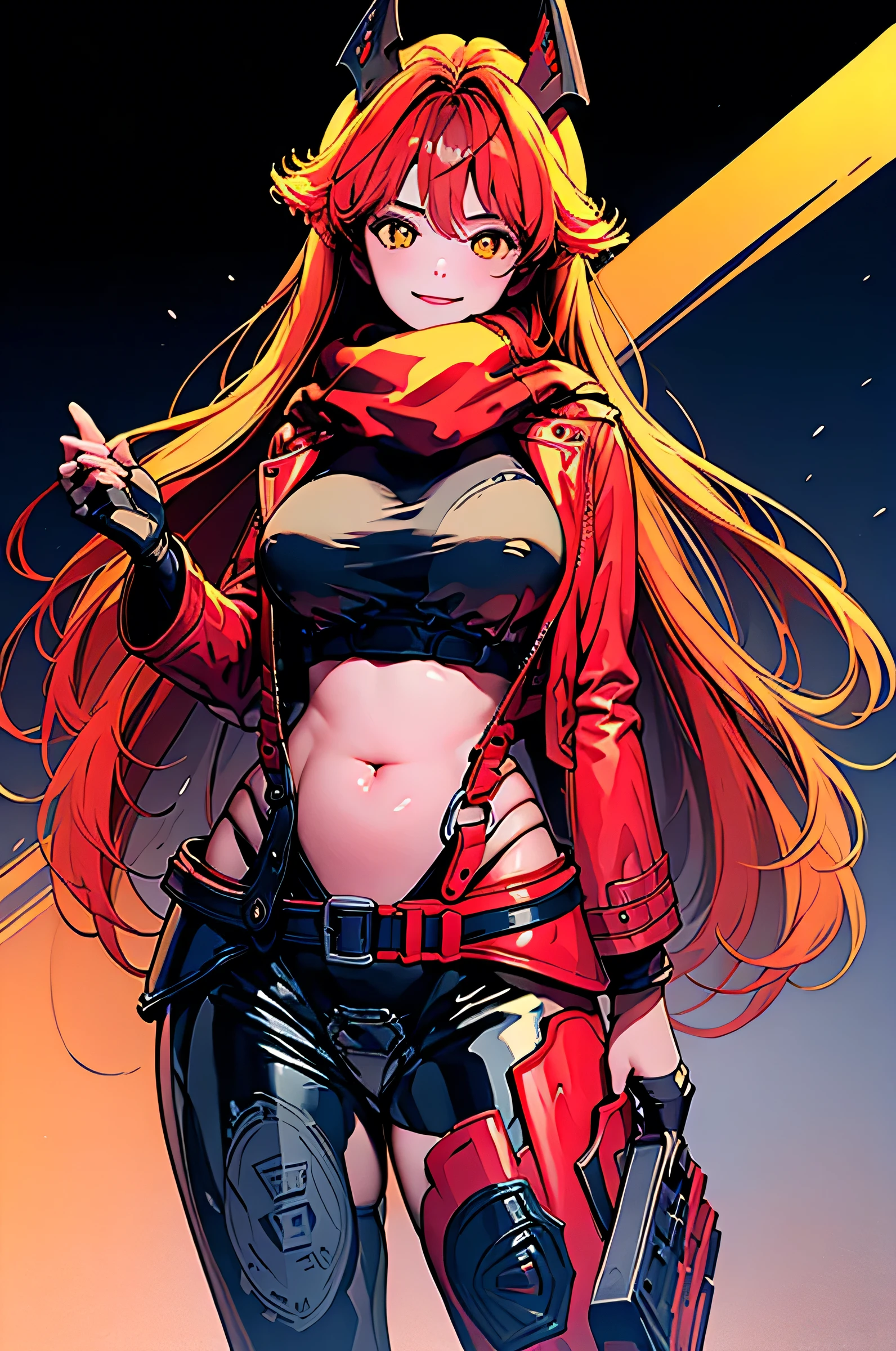masterpiece, best quality, amazing quality , very aesthetic , Very High Resolution, recent, ( exaggerated proportions ), ( and Hetai ), ( Complete Anatomy), ( Central figure ), ( absurd), ( 4k Wallpaper ), ( detailed snow), ( perfect hands), ( perfect hands끝), ( beautiful skin ), ( growing skin), ( perfect shadows), ( perfect lighting ), ( FULL BODY), ( beautiful eyes), , (sight), (Details :1.2),(High definition:1.3), ( Professional photography :1.2), ( very aesthetic :1.2), (Very High Resolution:1.2), ( textured skin ), {{현실적 skin}}, Very High Resolution, 1 woman, alone, long hair, looking at the viewer , Blusher, smile, bangs , yellow eyes, simple background, shirt, red hair, headgear , hair intake, big boobs, red scarf , Long sleeves, leather crop top , cropped jacket , Suspender, Holster , hip vent , leather pants, black belt , fingerless gloves, looking at the viewer , voluptuous boobs, sensual, {{narrow waist}}, Complicated details , ultra details , Super high quality, One-third rule , ( looking at the viewer ), detailed face, Detailed iris, Glowing Lips , 1 woman, alone, long hair, yellow eyes, head between eyes , red hair, (Hair intake, ( top one-third shot ), streetwear , Hoodie, jeans, navel, modern city, detailed hands