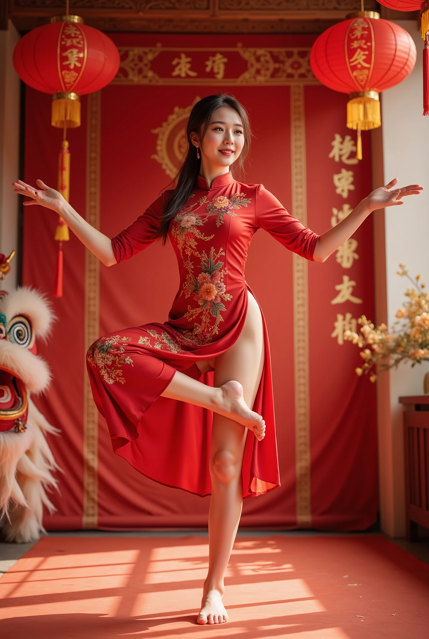 standing split, masterpiece, high quality , Best Quality , Aesthetic , masterpiece, Best Quality , Very beautiful , Ridiculous, very detailed , A beautiful woman wearing a traditional red cheongsam celebrating the new year, surrounded by bright red Spring Festival couplets . dragon and lion dances to celebrate the arrival of the new year . There are big red characters written on the floor " Happy Chinese New Year"