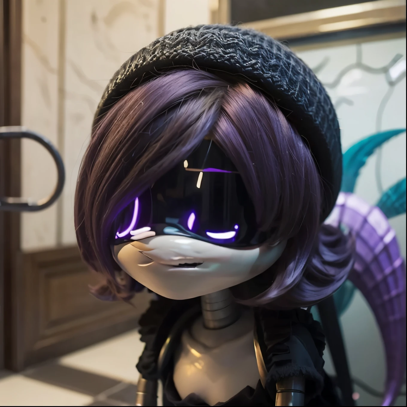 to use,  A girl, Alone,  purple hair, Look at the bright faces, worker robot, mermaid tail