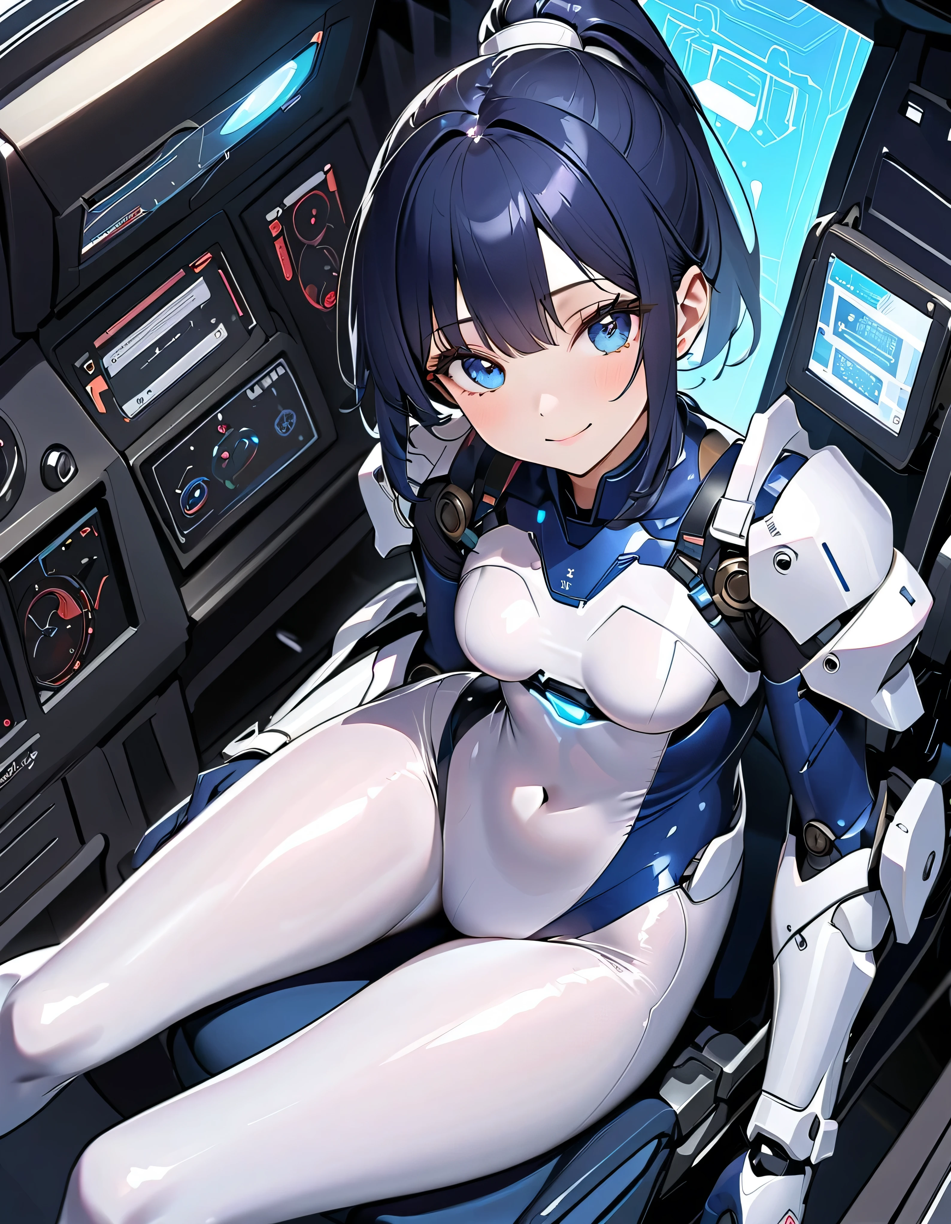 masterpiece, best quality, extremely detailed, (8K, 4K, Best Quality, hight resolution, 超A high resolution:1.1), Japanese android woman,Plump , announcer,control panels,activate,Squat,android,droid,Mechanical Hand,Robot arms and legs, Black Robot Parts,black hair,darkblack knee high socks,black sponge joints,blunt bangs,white robot body,ceramic body,leather boots,perfect cyborg girl