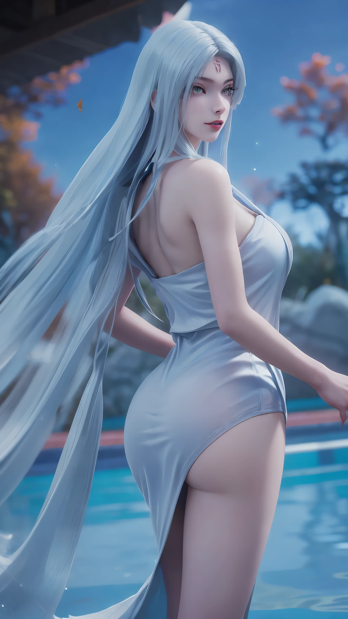 a girl wrapped in a soft cotton thick towel in a swimming pool, no dress but only wrapped in the towel, she has busty wide ass and gigantic breasts and boobs, curvy body model, hourglass body shape type sexy and hot,