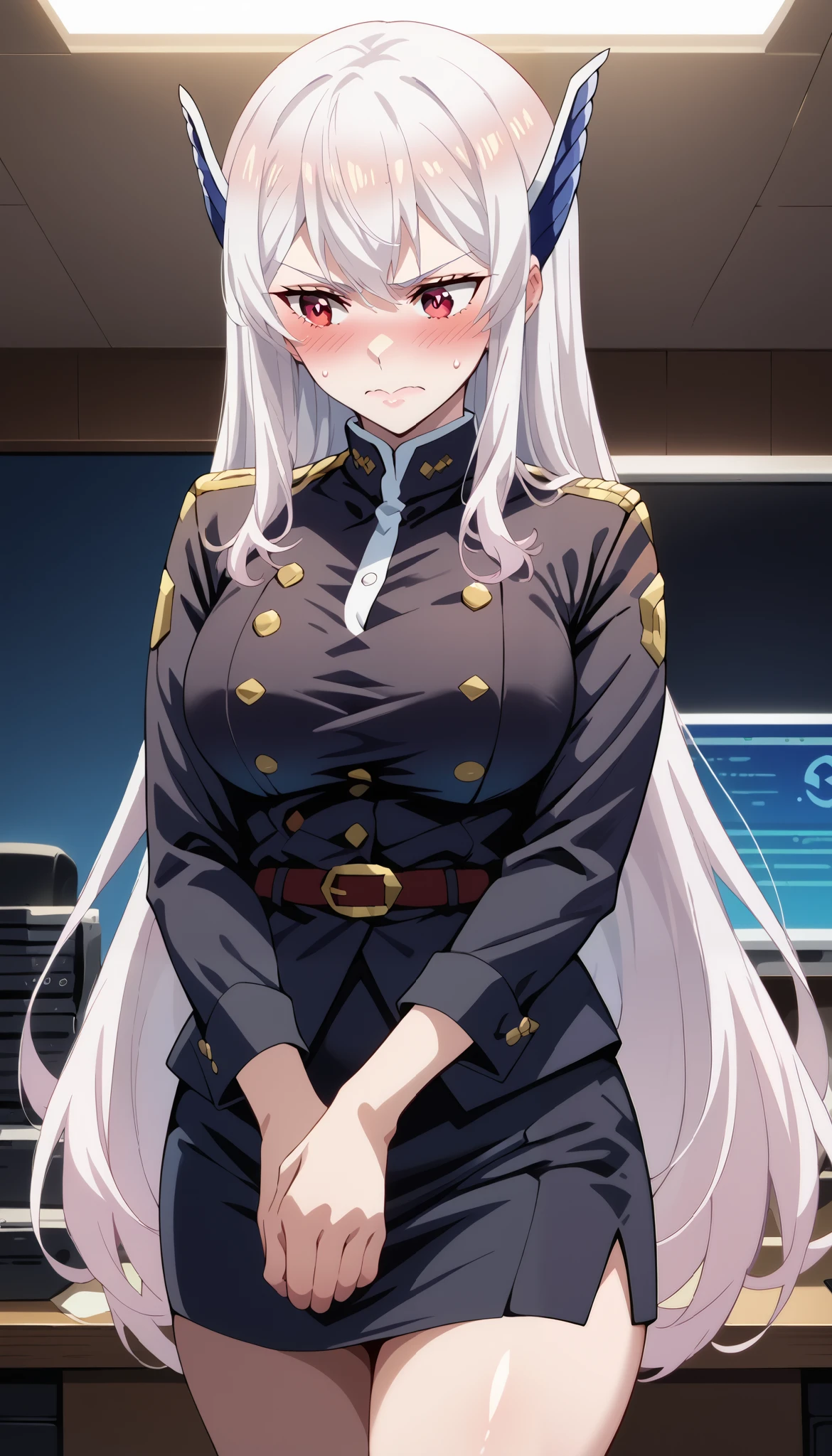 score_9, score_8_up, score_7_up, source_anime, 4K,perfect fingers,(perfect hands, perfect anatomy),prefect lighting, very aesthetic, intricate details,highly detailed background, masterpiece, high quality, best quality,
1girl,solo,kyoukauzen, kyouka uzen, long hair, red eyes, very long hair, white hair, large breasts,,
wearing ((office lady, ))
perverted woman, (embarrassed:1.6) woman,