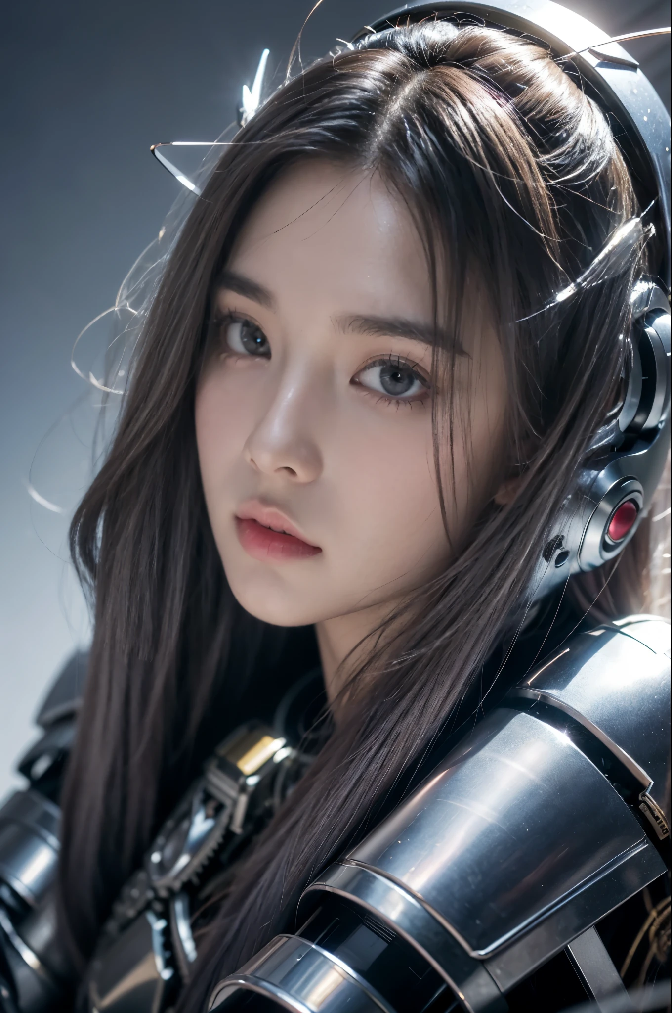 8K, Best quality, masute piece, ultra-high-resolution, (Realism: 1.4), Girl in Futuristic Combat Suit, (purple-eyed), ((Luminous Eyes)), in the cockpit of mecha, Real Woman, Cleavage, Real Face, Cute girl, smile, perfect cyborg girl wearing sci-fi headphones, a  beautiful female , Beautiful girl cyborg, Black-haired, Wet hair、manipulator, rkgk,Steampunk Girl、
