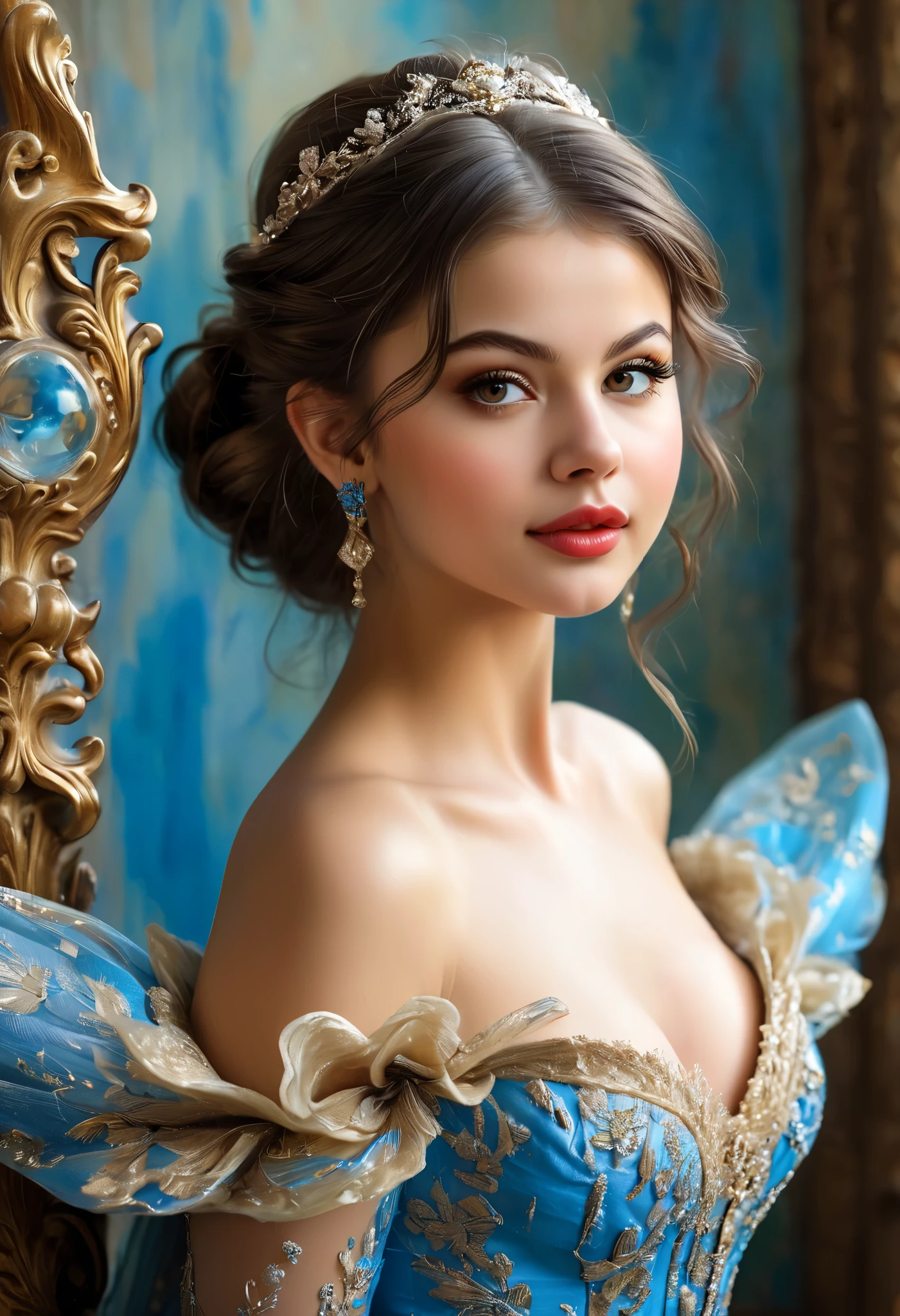 The ballerina gracefully balances on one leg , BROWN HAIR, very long hair , bun , . Leaning over the table Defiantly , tousled hair , pale skin, red lips, Engraved skirt , Wth Blue Rosemaled Designs. Midriff wide Smile, eyes detailed & wide, dynamic pose . Ultra HD, Rococo-Inspired Fantasy Art With intricate details . Cute, Charming facial expression , mesmerizing look , beautiful eyes, Perfect hourglass figure . Large youthful well-formed breasts, Big round attractive ass . Neckline with massive round breasts . Full profile on the side . digital painting , intricate details . Selena Gomez's impressive combination , Kimkardashyan.