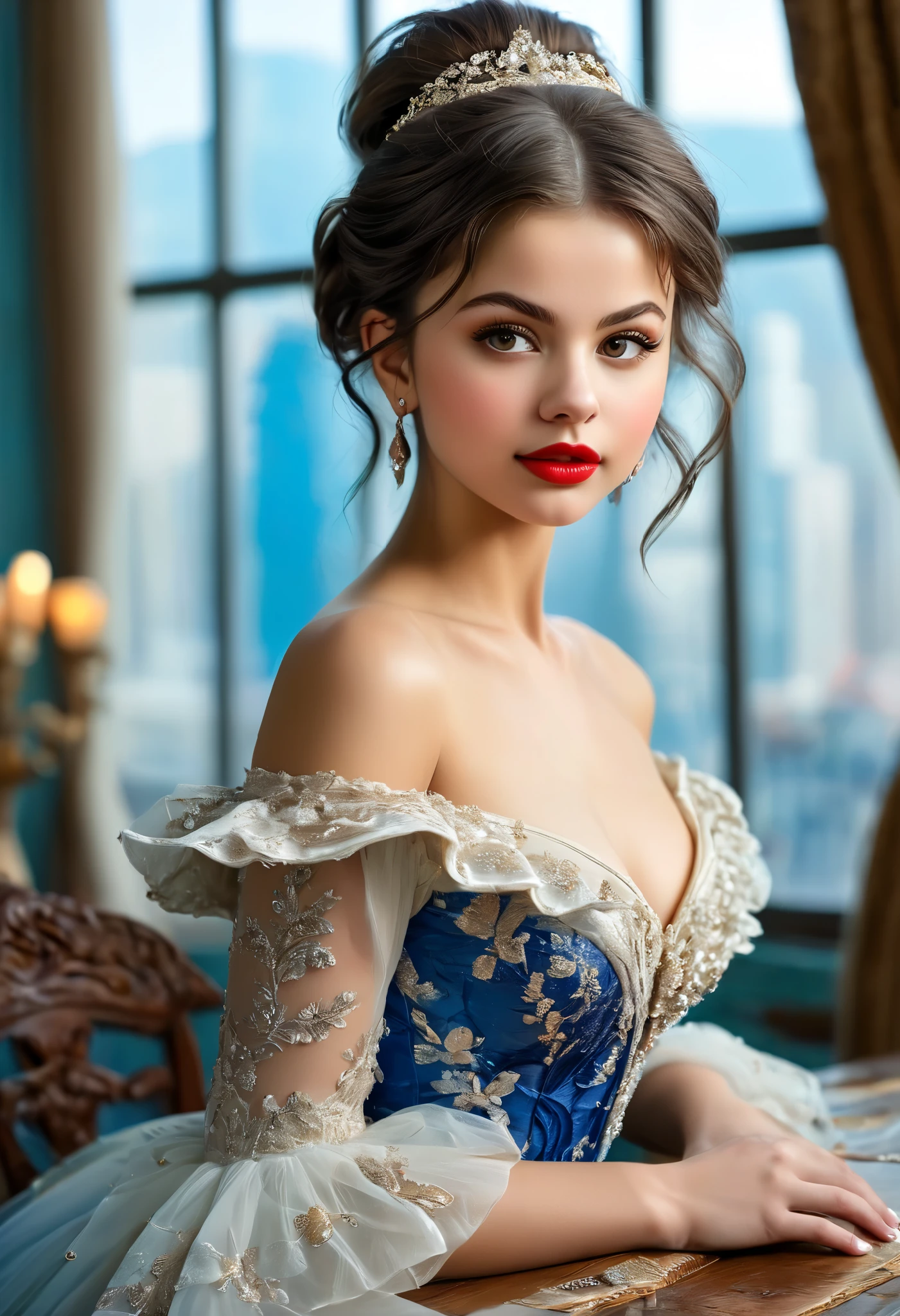 The ballerina gracefully balances on one leg , BROWN HAIR, very long hair , bun , . Leaning over the table Defiantly , tousled hair , pale skin, red lips, Engraved skirt , Wth Blue Rosemaled Designs. Midriff wide Smile, eyes detailed & wide, dynamic pose . Ultra HD, Rococo-Inspired Fantasy Art With intricate details . Cute, Charming facial expression , mesmerizing look , beautiful eyes, Perfect hourglass figure . Large youthful well-formed breasts, Big round attractive ass . Neckline with massive round breasts . Full profile on the side . digital painting , intricate details . Selena Gomez's impressive combination , Kimkardashyan.