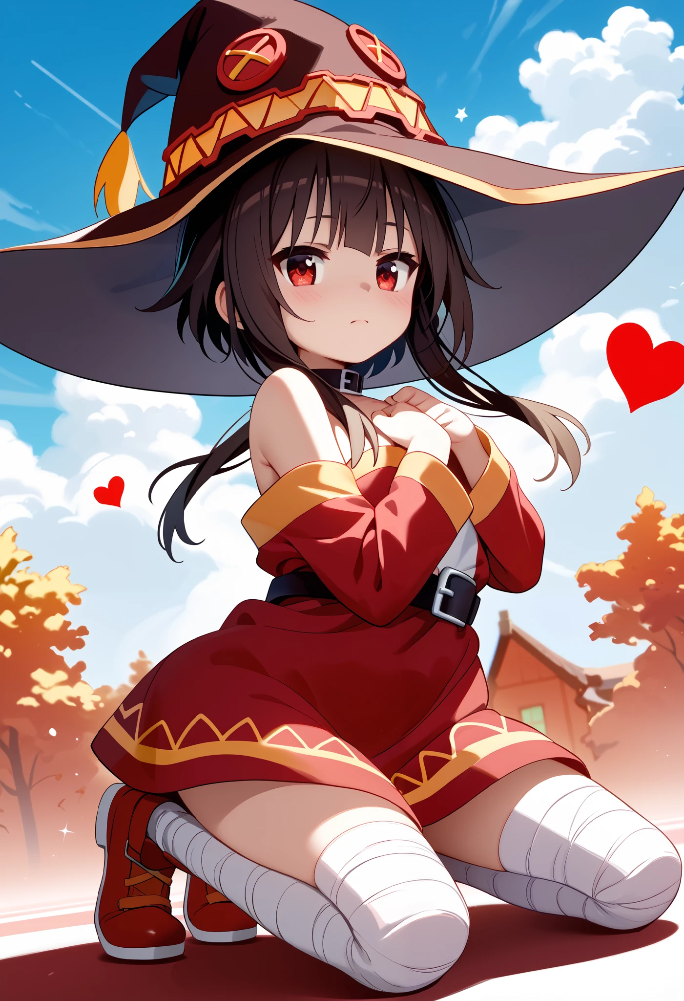 anime girl wearing a witch hat、Megumin、 Flirty anime witch chanting magic 、Konosuba anime style、 anime style 4k、 anime moe art style 、 cute girl anime visual、Black-haired mage、 red eye、 beautiful background, ( sky full of stars、 full of hearts ), full body, hands behind、 stick out your chest、 arched back、Race Queen Poses