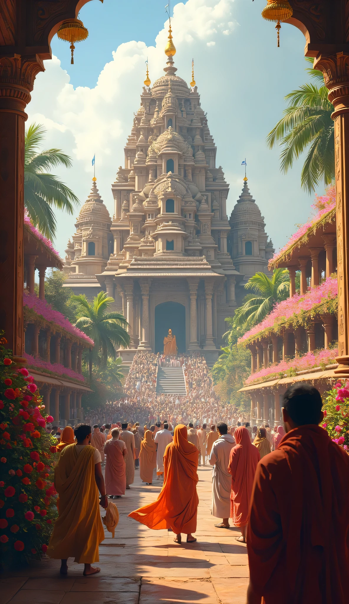 India's huge beautiful ancient temple surrounded by flowers, crowds of Hindus nearby