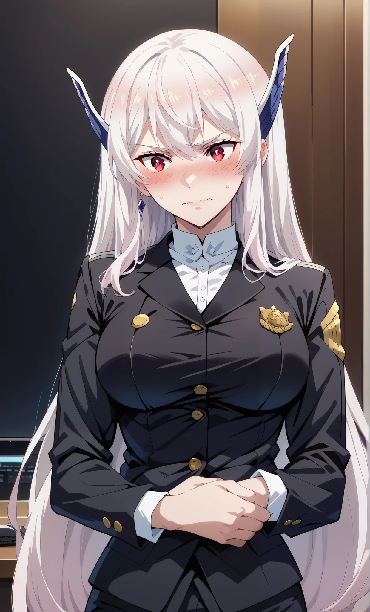 score_9, score_8_up, score_7_up, source_anime, 4K,perfect fingers,(perfect hands, perfect anatomy),prefect lighting, very aesthetic, intricate details,highly detailed background, masterpiece, high quality, best quality,
1girl,solo,kyoukauzen, kyouka uzen, long hair, red eyes, very long hair, white hair, large breasts,,
wearing ((office lady, black suit jacket,))
perverted woman, (embarrassed:1.6) woman,