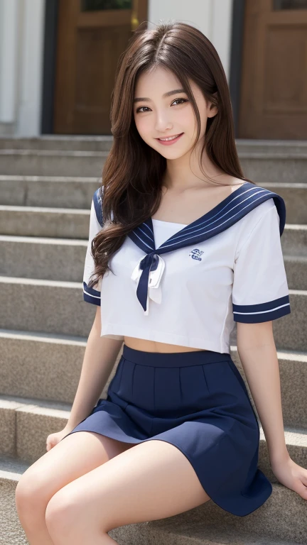 A smiling girl，Wear a tight sailor suit，denim pant，sitting on a large stone，There are a lot of sunflowers around，com rosto detalhado，The eyes are delicate，The photo quality is the best，Realistic image quality，Background diffuse lighting，Depth of field display。