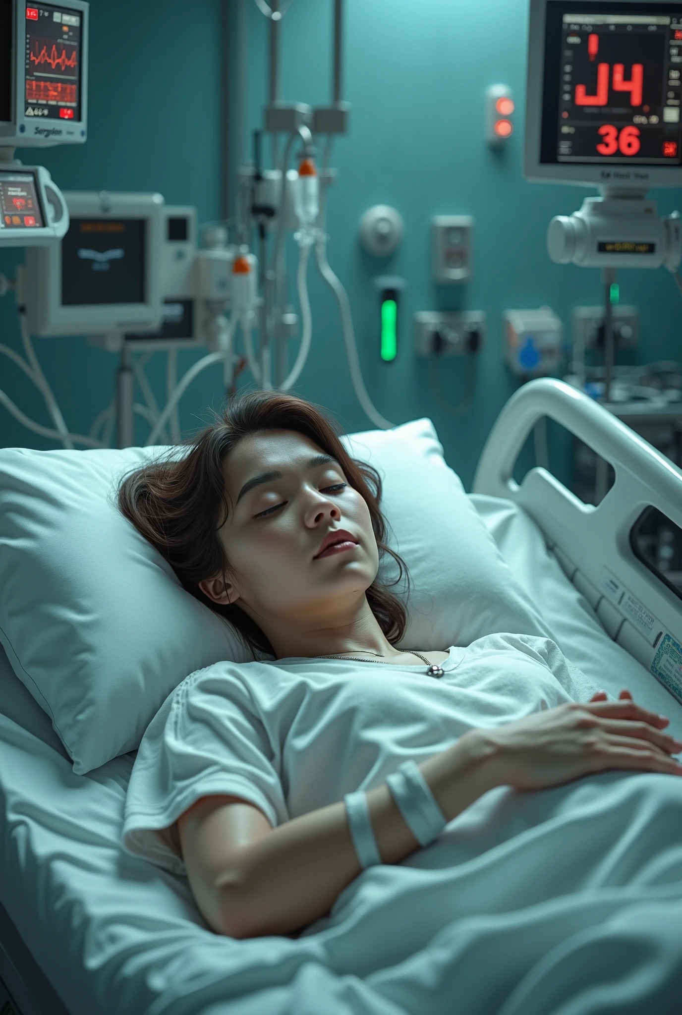 Woman laying in a hospital bed with a monitor on her face - SeaArt AI
