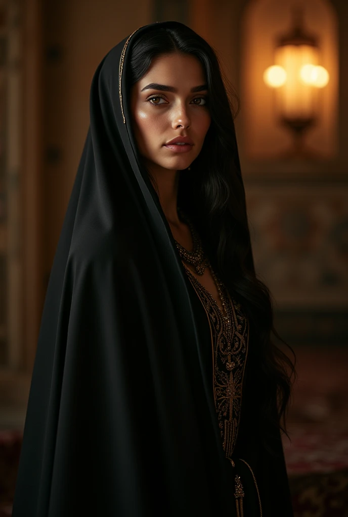 Arab witch in her twenties, fair-skinned, with long black hair and wide black eyes, wearing a black robe embroidered with gold, with an exposed chest, and living in a mud house in night