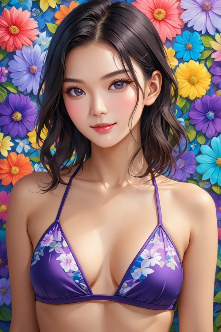 An oil-resin painting, gently glowing, depicting a character with light brown skin and long, braided hair wearing a dark pink bikini. The style is fantasy, with vibrant and warm colors highlighting the scene. The background should be rich in details, complementing the vibrant aesthetic of the character and creating a magical and enchanting environment. The lighting should enhance the soft glow of the resin oil, adding a touch of elegance and depth to the artwork.