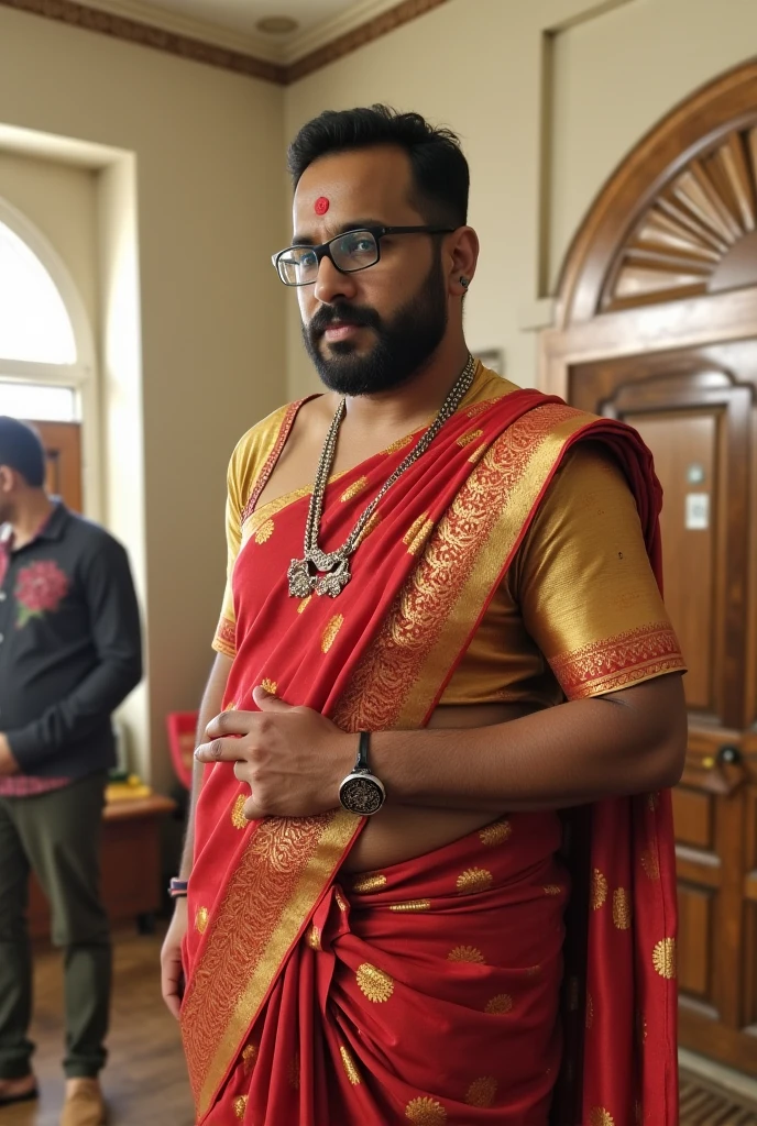 Create a fat man, with a short beard, glasses, slanted eyes, thick eyebrow, round face with double chin, short black hair and skin the color of an Indian and a wide nose, gross mouth... behind a table, sitting in a beige modern elegant suit and a white dress shirt underneath, wide open.... and a gold necklace... behind the man there is a shelf with books on philosophy and psychology, a modern statue of a human head and a statue with the symbol of psychology... the ambience is modern, luxurious