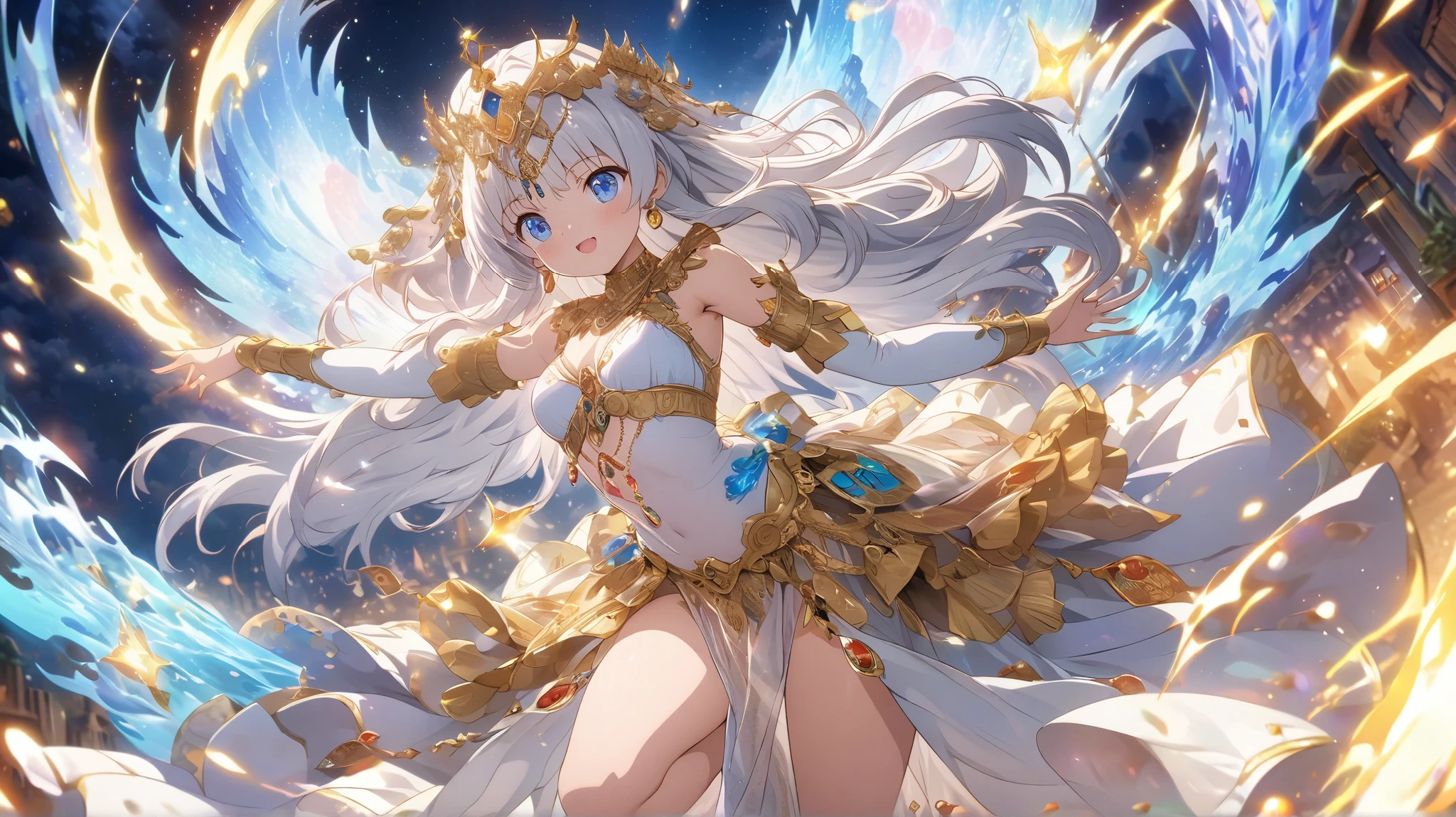 red belly dance costume, anime girl , cute, White-haired goddess, Detailed Anime Art work, Detailed Anime Art , High Definition and Exquisite Fan Art , detailed anime character art, clean Detailed Anime Art , beautiful fantasy anime , beautiful anime artwork , Arabic, glittering, cute,10th Generation, MYSTERIOUS,Night Sky,Moonlight,Dancing Poses , dynamism ,whole body, long legs , my eyes are shining,many ornaments , See-through Clothes , dynamic pose, blue,