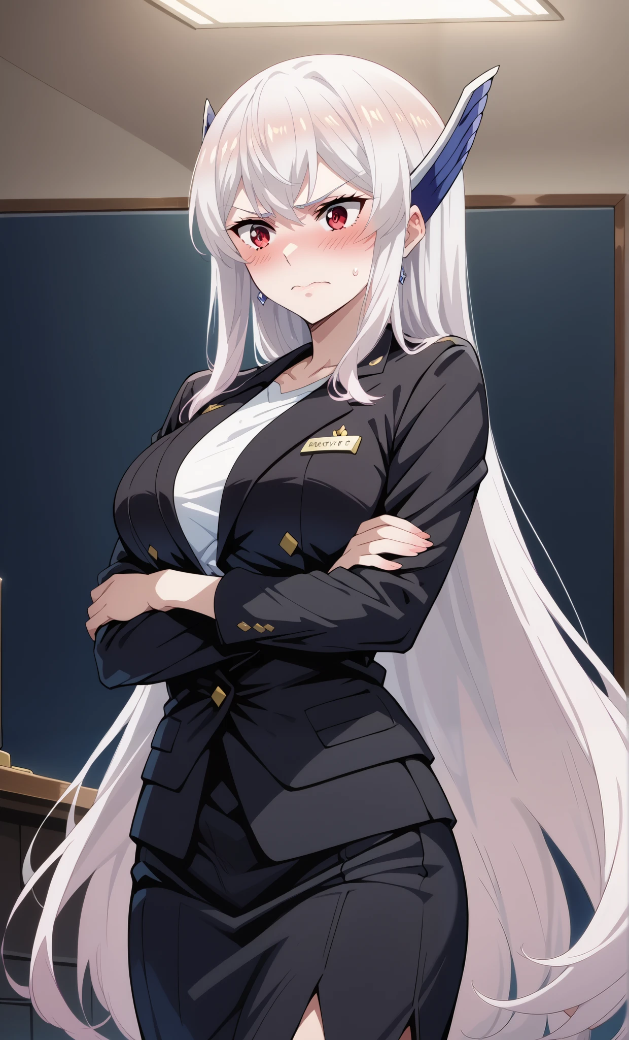 score_9, score_8_up, score_7_up, source_anime, 4K,perfect fingers,(perfect hands, perfect anatomy),prefect lighting, very aesthetic, intricate details,highly detailed background, masterpiece, high quality, best quality,
1girl,solo,kyoukauzen, kyouka uzen, long hair, red eyes, very long hair, white hair, large breasts,,
wearing ((office lady, black suit jacket,white t-shirt ,))
perverted woman, (embarrassed:1.6) woman,