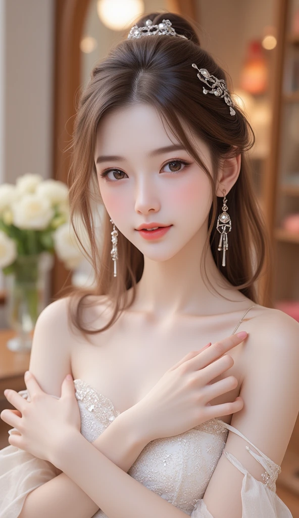 Tabletop、Highest quality、figure、 Ultra-detailed、High resolution、8k wallpaper、Perfect dynamic composition,、Beautiful attention to detail、Women's Fashion Summer、Medium Hair、(Beautiful big breasts:1.3)、Natural color lip、Bold sexy pose、smile、Harajuku、20-year-old girl、cute、sexy shot looking at camera、Whole Body Ezbian、Leg spread、room、bed