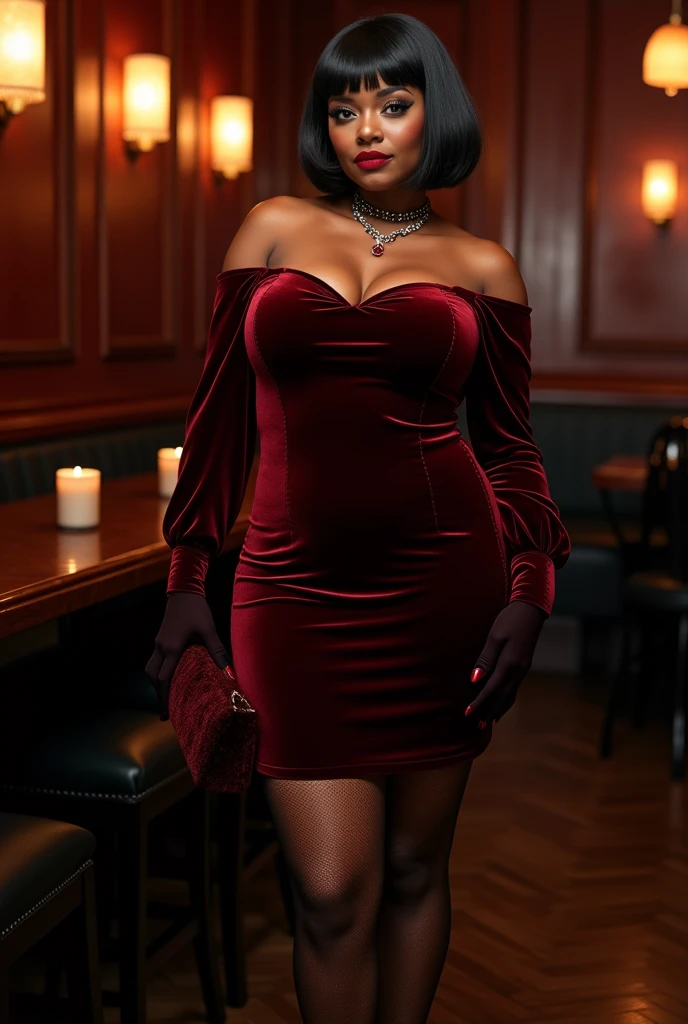 A curvaceous Black woman in a velvet midnight seduction: A deep crimson velvet mini dress with a sweetheart neckline and bishop sleeves, its silhouette nipped at the waist. She pairs it with black patent leather stilettos and fishnet stockings. Her accessories include a choker with a ruby pendant, opera-length gloves, and a velvet clutch. Her hair is a sleek bob with blunt bangs, and her lips match the dress’s rich hue. The setting is a candlelit speakeasy with mahogany walls and jazz piano drifting through the air.
