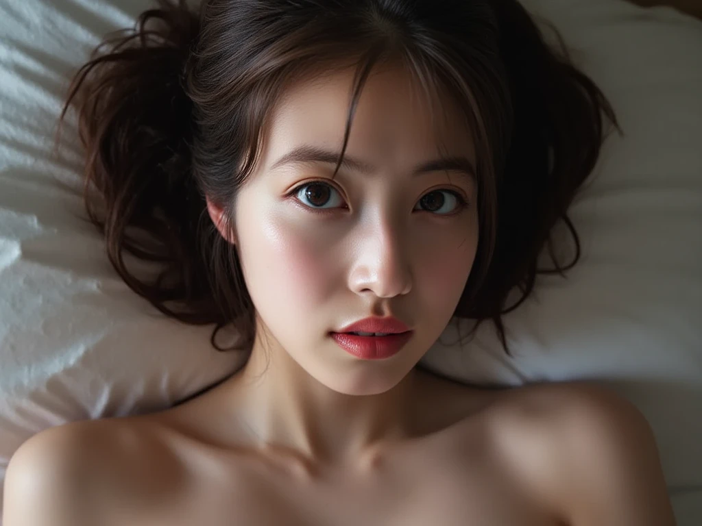 raw photo, ung girl, kawaii, brown eyes, sexy, unique, individual, distinctive face, extremely detailed eye and face, fair skin, lace cute See-through bra, beautiful breasts, upper body, (Best Quality, highly detailed:1.2) High-definition raw color photos, professional photograpy, Realistic portrait, breathtaking beauty, lying on the bed, pillow, from above