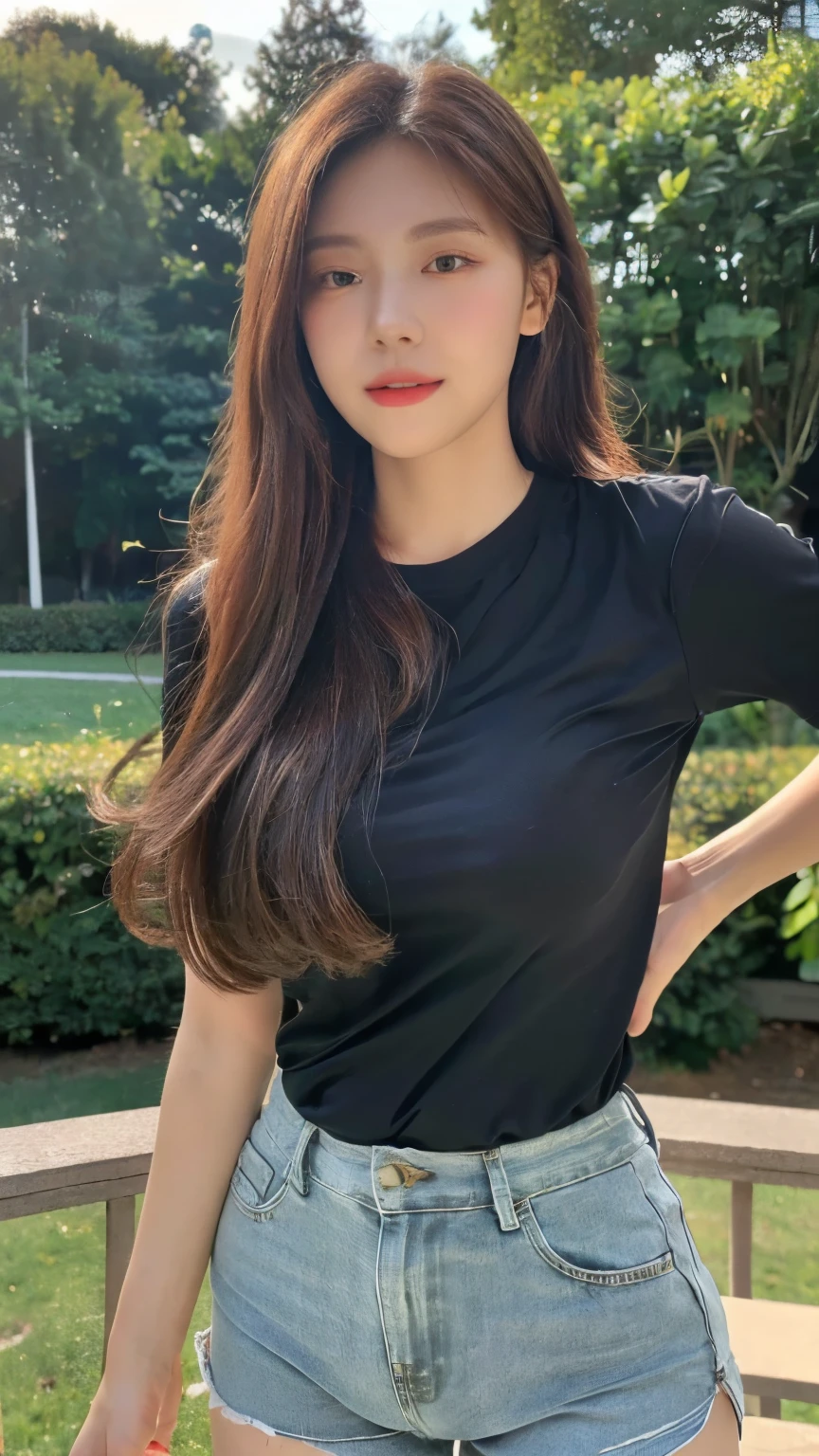 ((Best quality, 8k, masterpiece: 1.3, raw photo, photo realistic: 1.2)), sensual woman, 1 girl, (slender figure: 1.2), dark brown hair, (outdoor, shirt, shorts: 1.2), ultra detailed face, detailed lips, detailed eyes, double eyelids, (huge breasts: 1.1), (smile: 0.7)