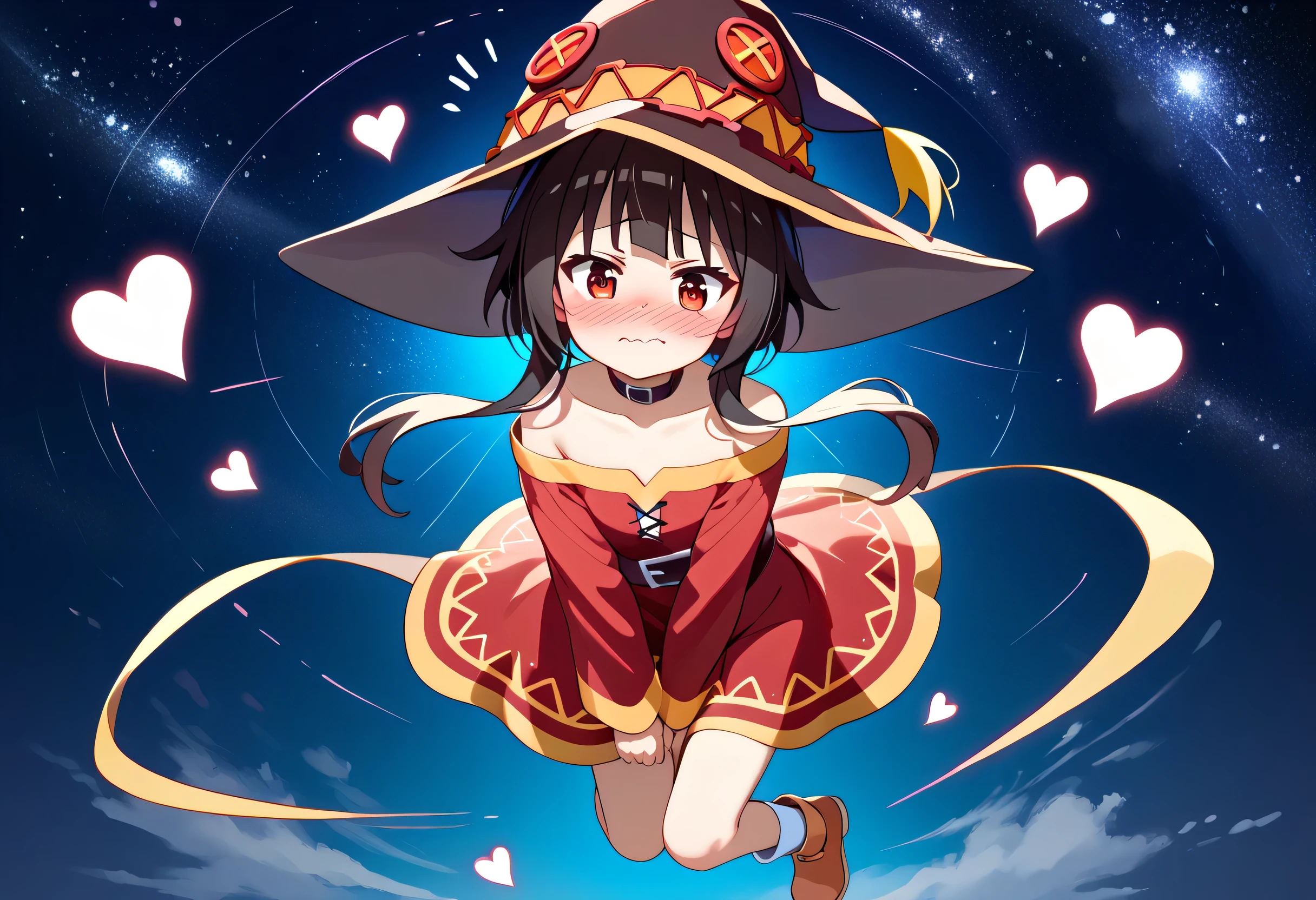 anime girl wearing a witch hat、Megumin、 Flirty anime witch chanting magic 、Konosuba anime style、 anime style 4k、 anime moe art style 、 cute girl anime visual、Black-haired mage、 red eye、 beautiful background, ( starry sky 、Multiple hearts), full body, embarrassed face、 open their mouths