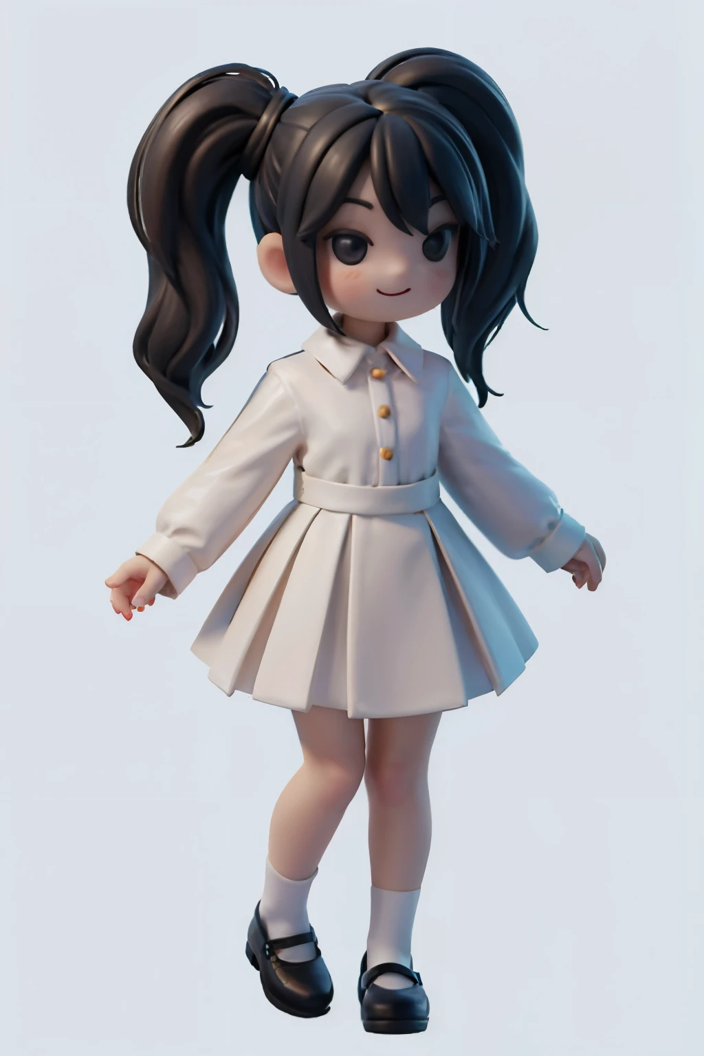 a girl smiling, ponytail, white long skirt, white long sleeves shirt, mary_janes, stand up, full body, no background