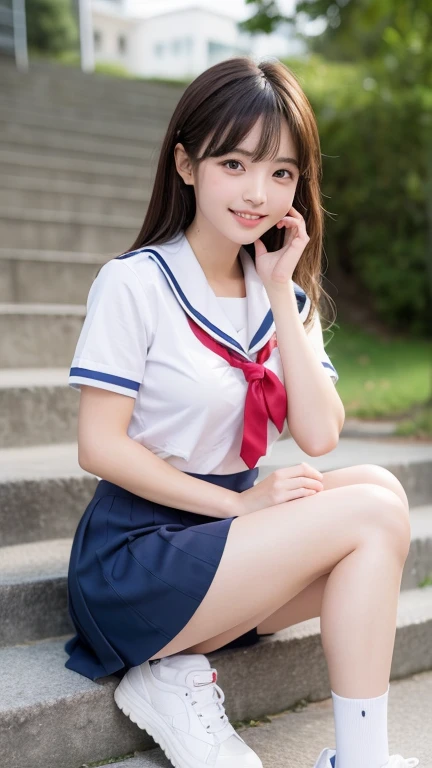 Pure Japanese school girl, outstanding body, beautiful legs, wearing uniform, panty, natural hairstyles, sweet smile, sexual attractive, sitting, refreshing in early summer,