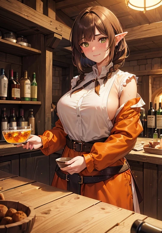 flat chests, nsfw, masterpiece, 1 girl, erect nipples, intricately detailed, topless, erect nipples, table, crowd, navel, bare shoulders, necklace, beer, tavern, inn, pub, crowd, white skirt, waist apron, blonde hair, embarassed, smiling, extremely detailed, photorealistic, octane render, 8 k, unreal engine, bare breasts, nipples, yellow eyes, carrying beer tray, bare stomach, sweaty, people on background, oktoberfest, smiling, moist breath, child, arm strap, small breasts, luminedef, puffy nipples