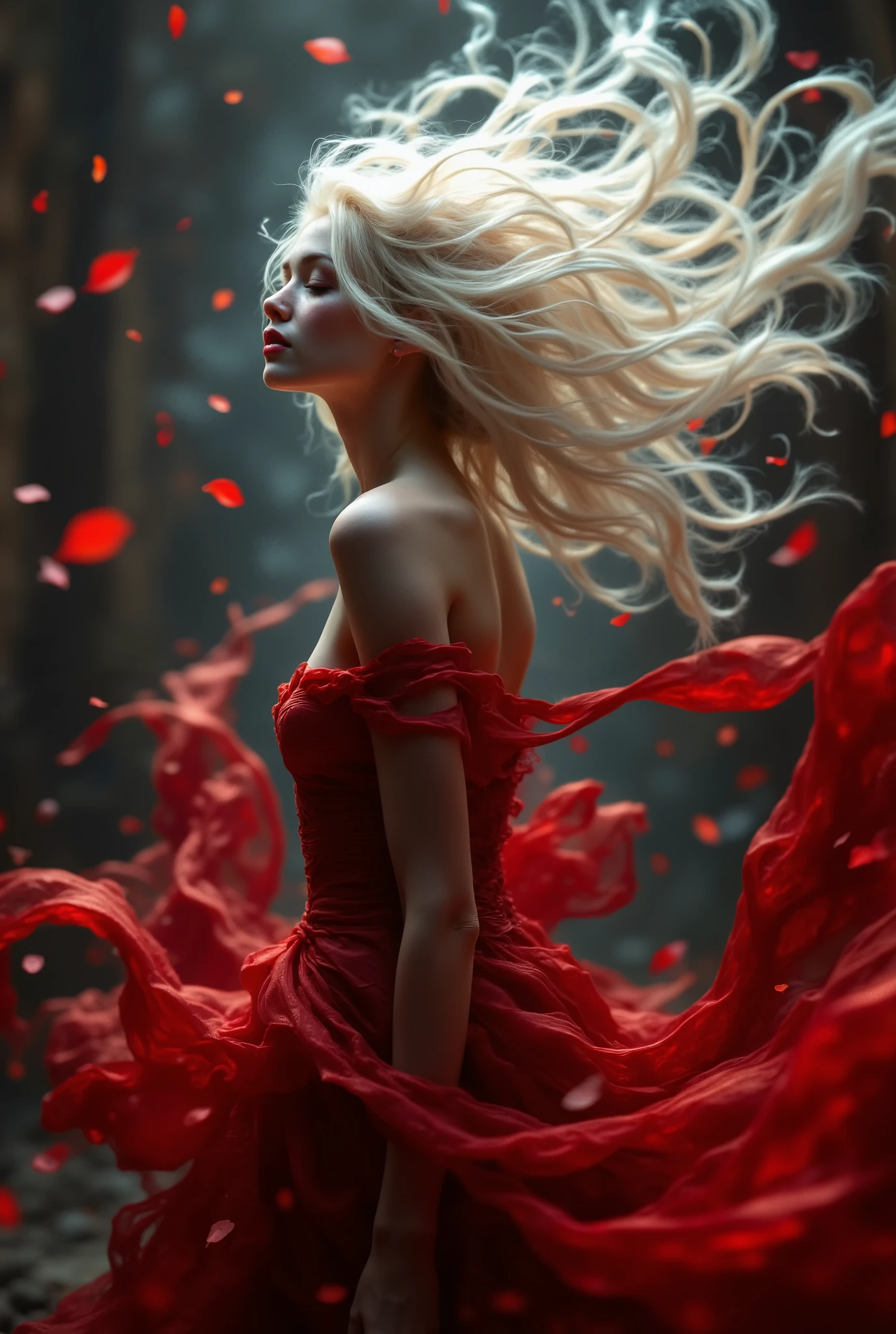 a woman in a red dress posing for a picture, feathers texture overlays, photoreal render, white hair floating in air, detailed –n 9, spinning whirlwind, dramatic lighting. stylized, stylized portrait h 704, rendered art, by Ben Stahl, blond furr, multiversal hair